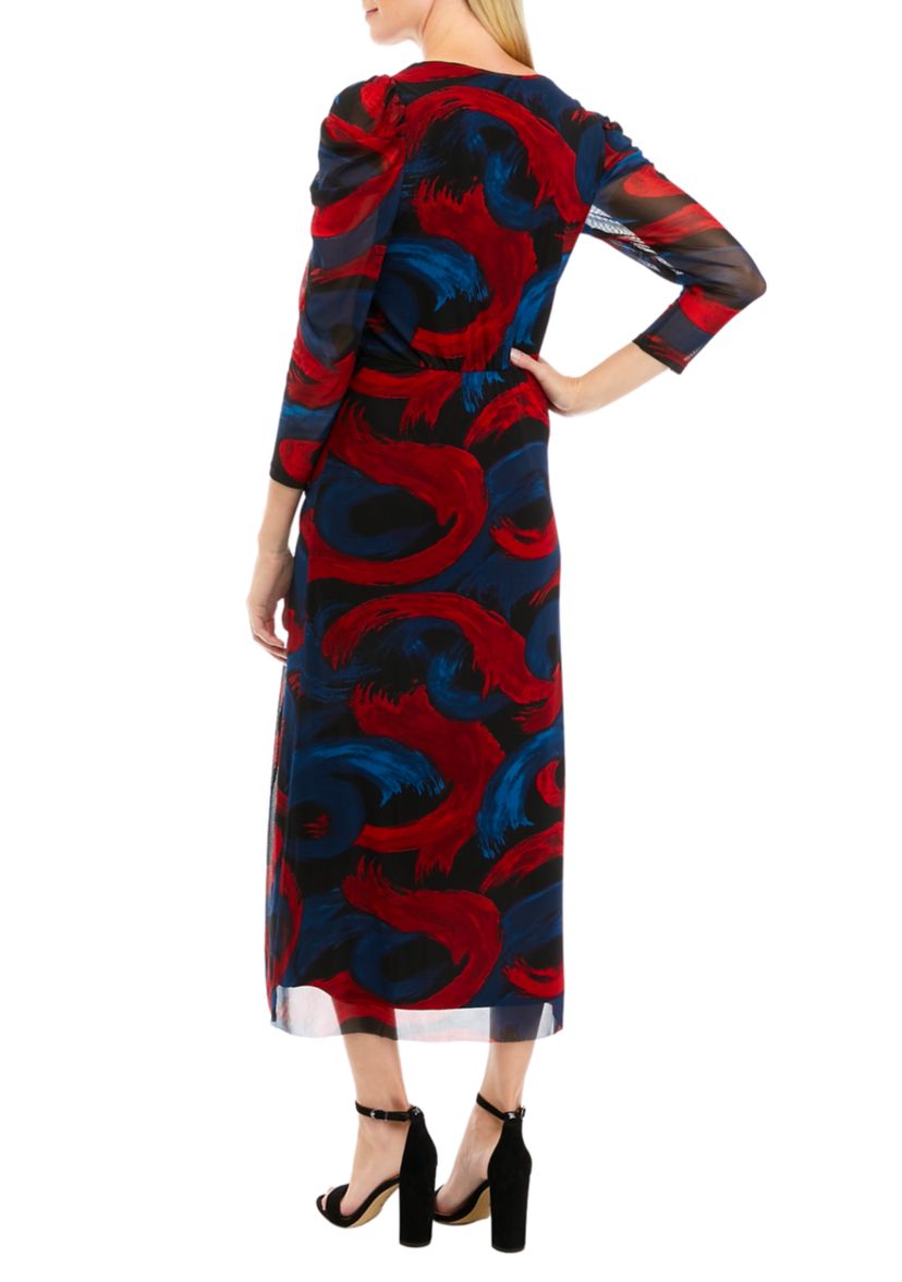 Womens Long Sleeve Printed Puff Shoulder Mesh Dress