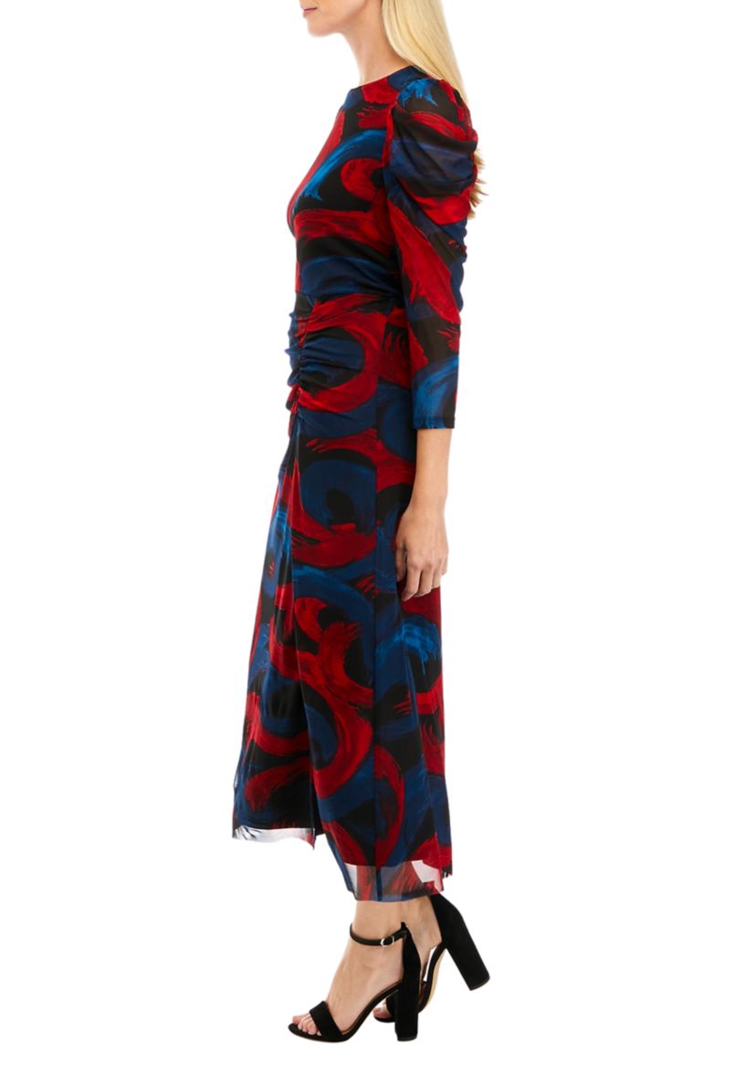 Womens Long Sleeve Printed Puff Shoulder Mesh Dress