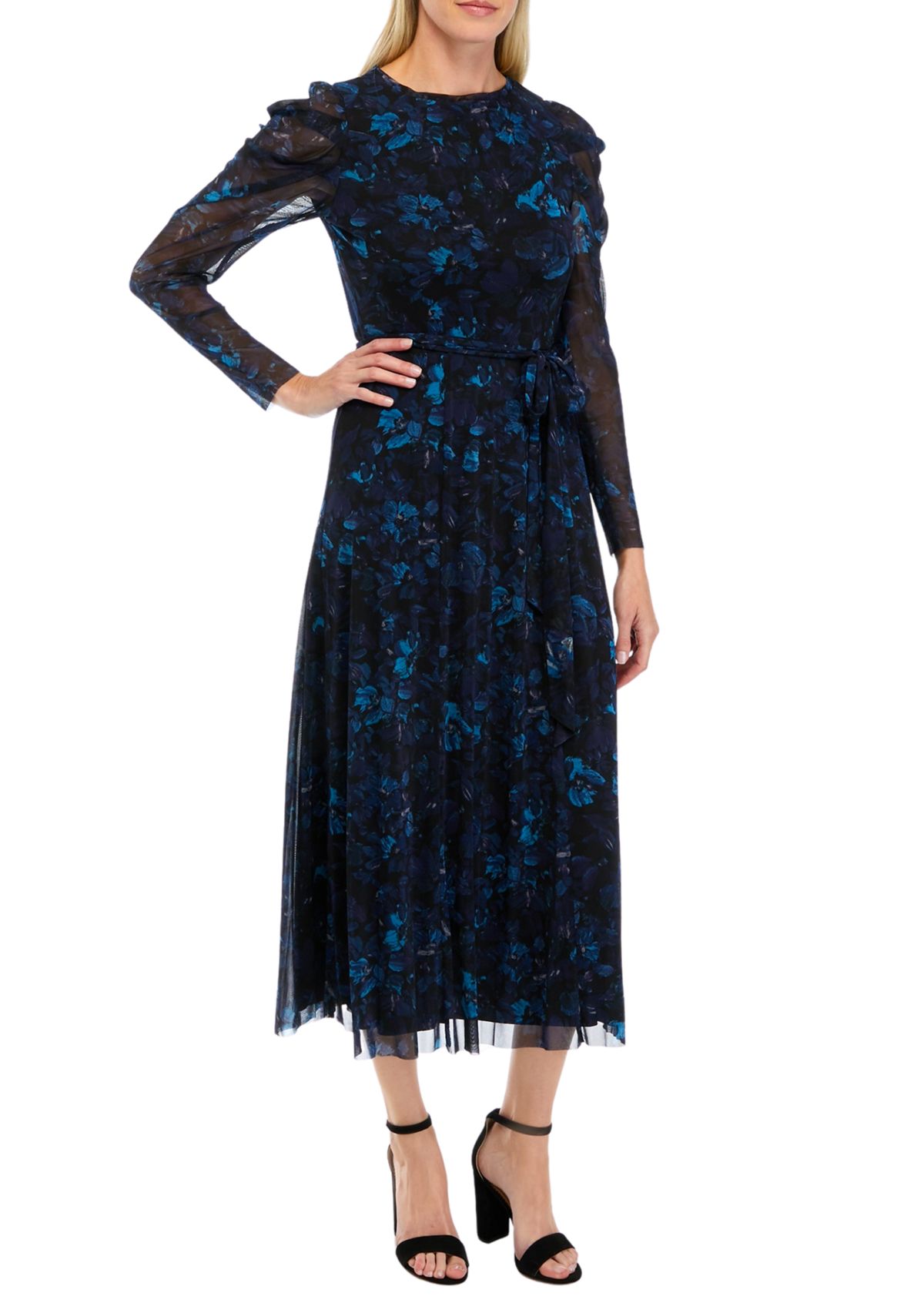 Womens Puff Shoulder Printed Mesh Dress