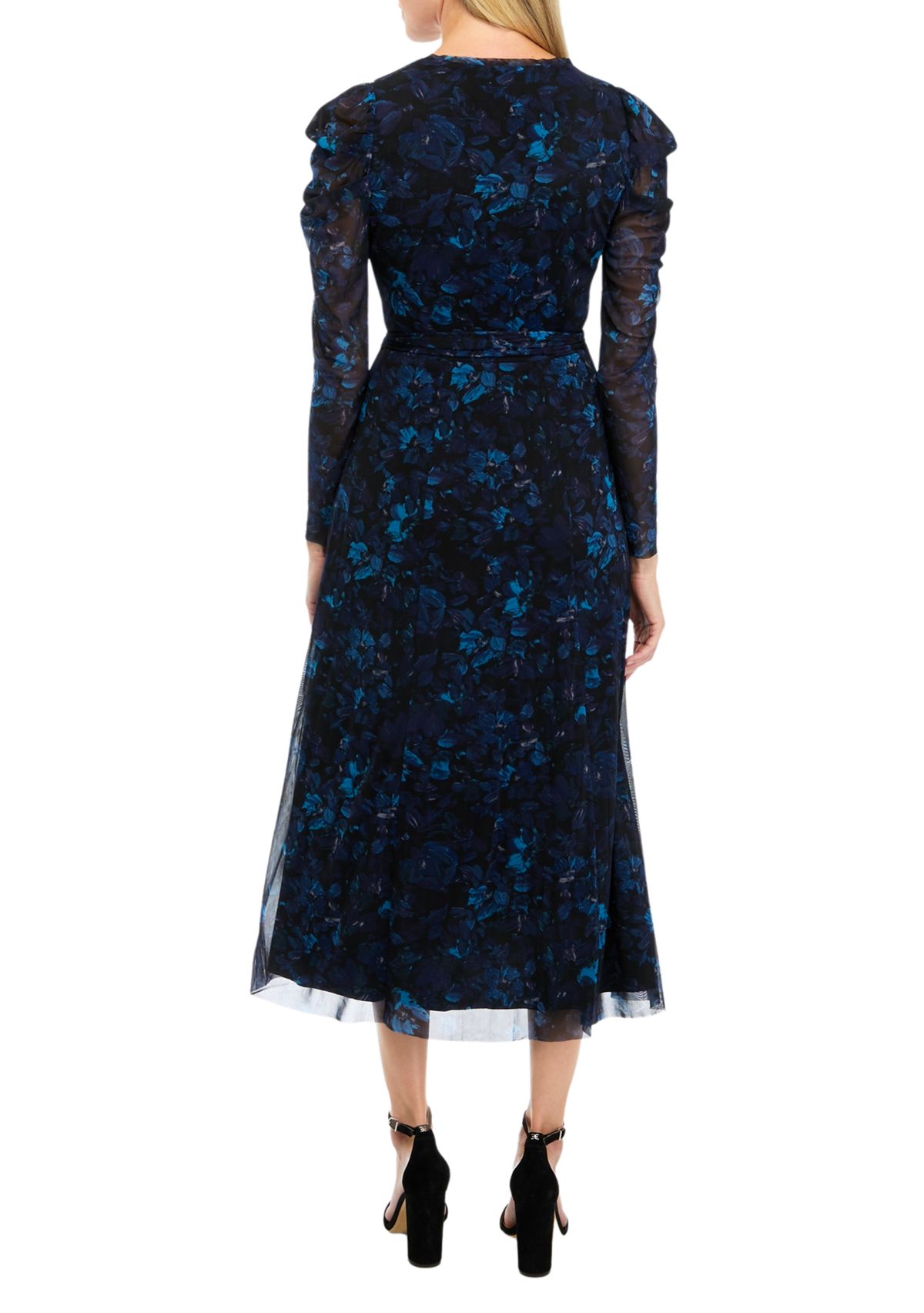 Womens Puff Shoulder Printed Mesh Dress