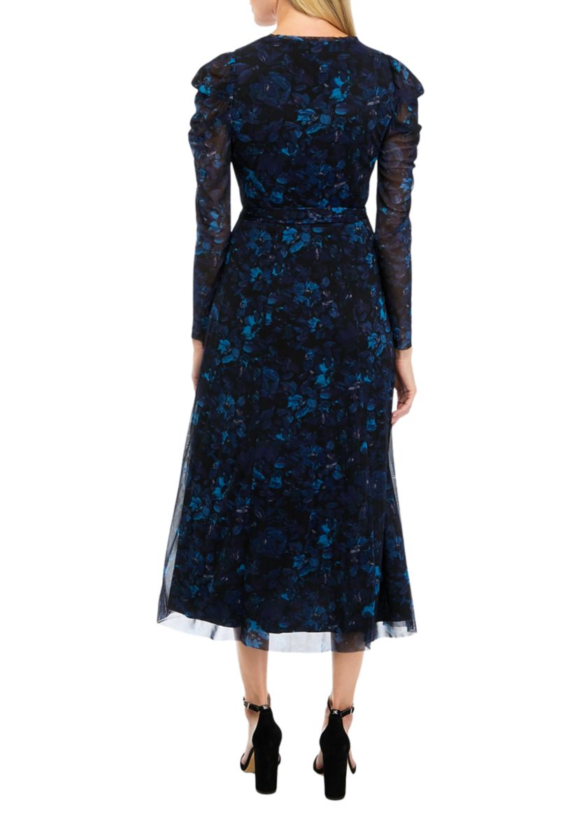 Womens Puff Shoulder Printed Mesh Dress