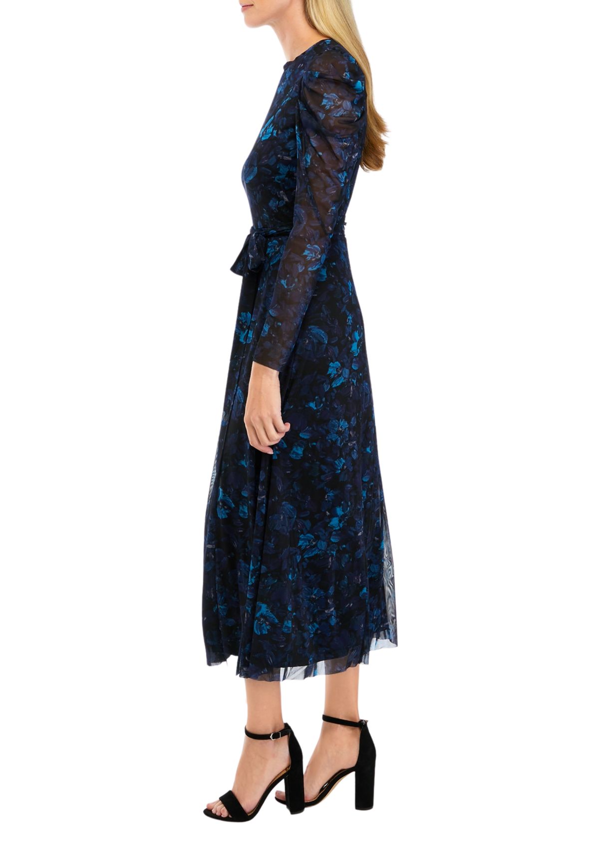 Womens Puff Shoulder Printed Mesh Dress