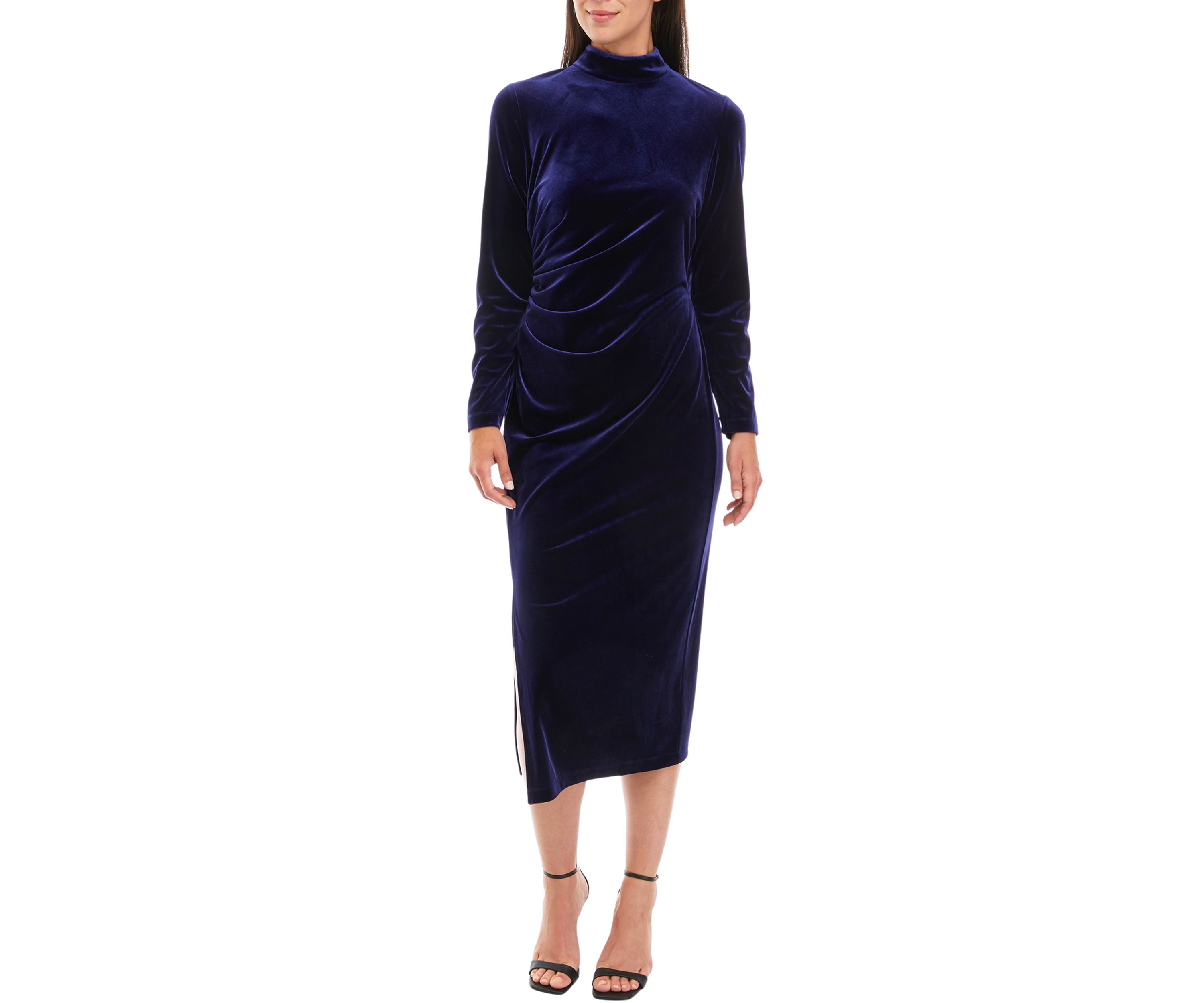 Womens Long Sleeve Solid Mock Neck Velvet Dress