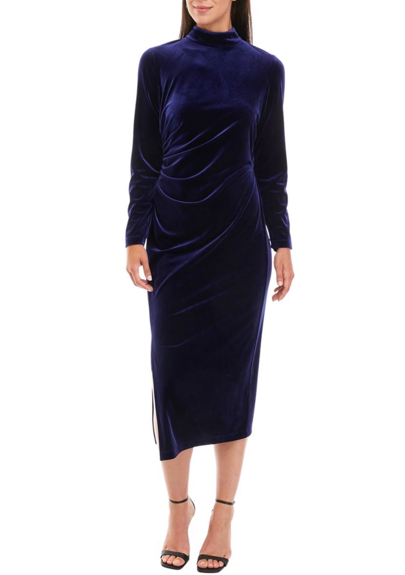 Womens Long Sleeve Solid Mock Neck Velvet Dress