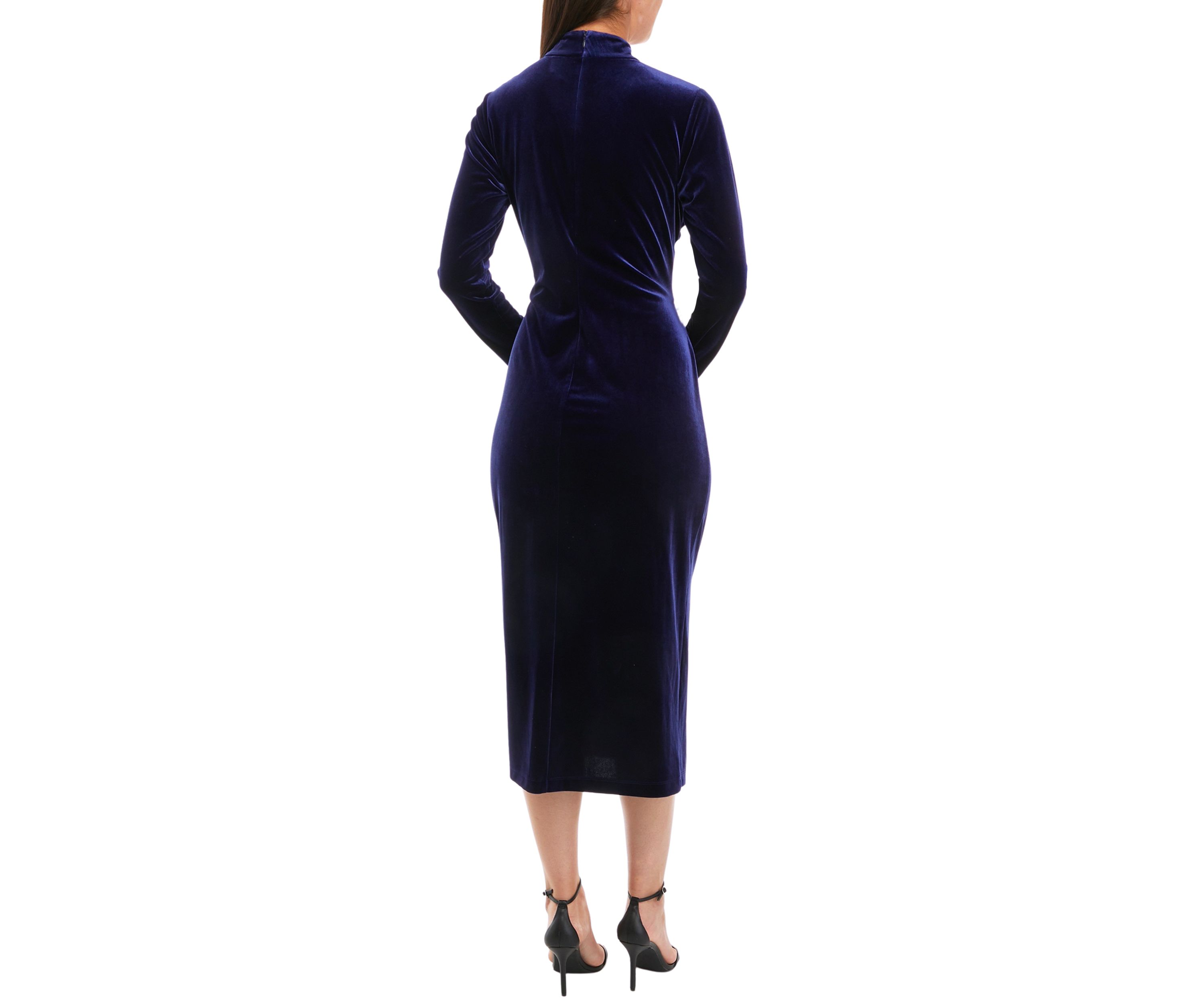 Womens Long Sleeve Solid Mock Neck Velvet Dress