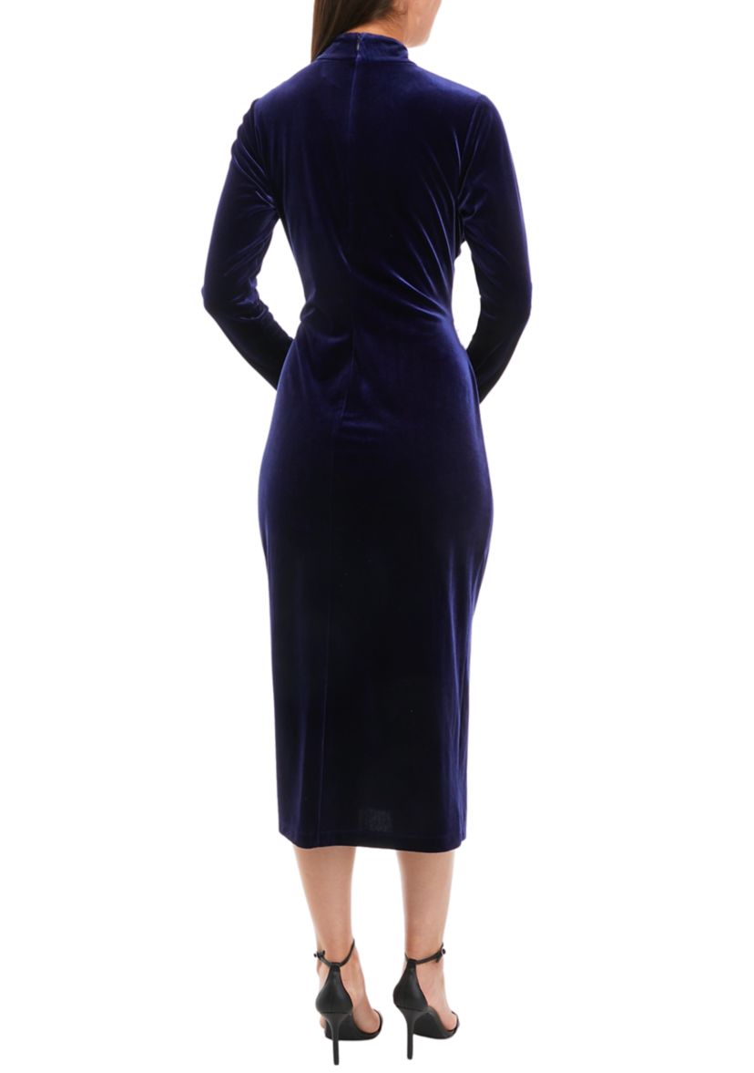 Womens Long Sleeve Solid Mock Neck Velvet Dress