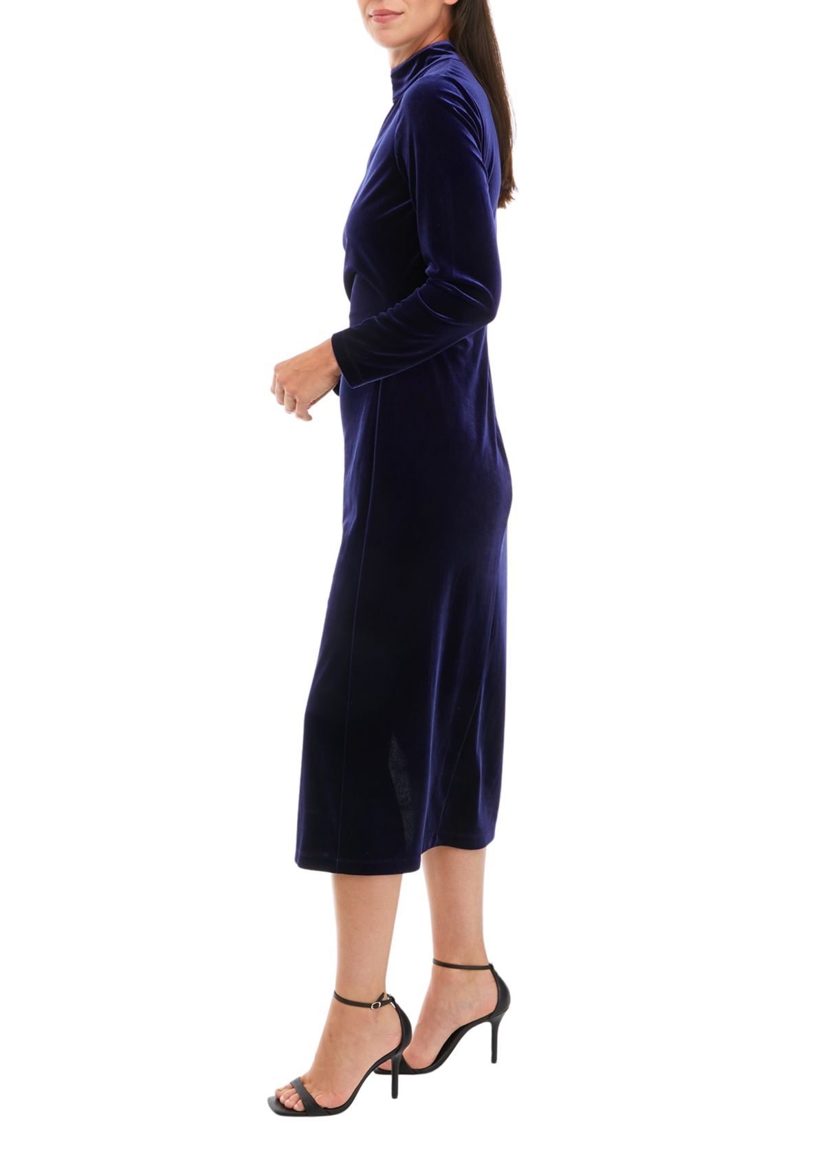Womens Long Sleeve Solid Mock Neck Velvet Dress