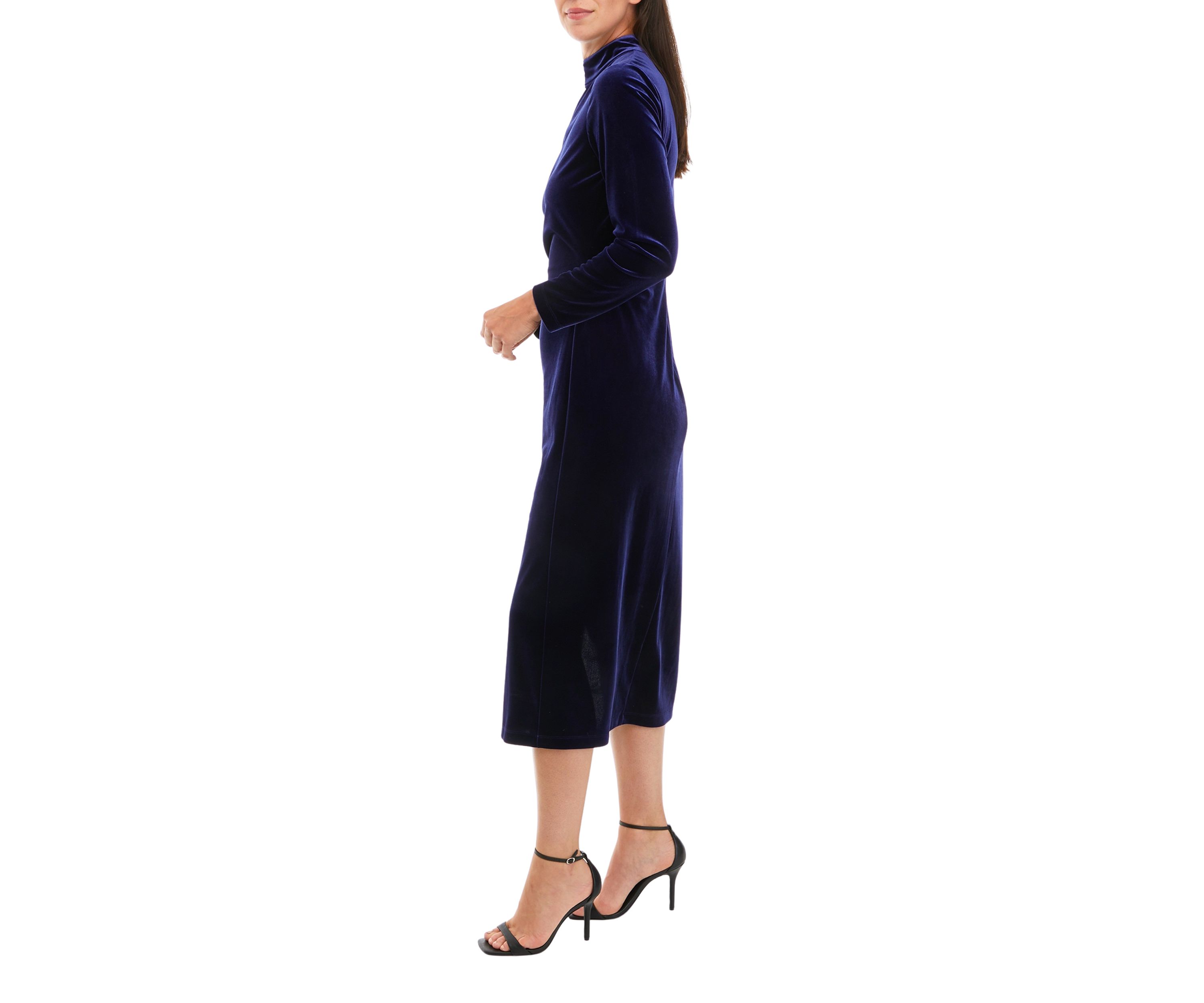 Womens Long Sleeve Solid Mock Neck Velvet Dress