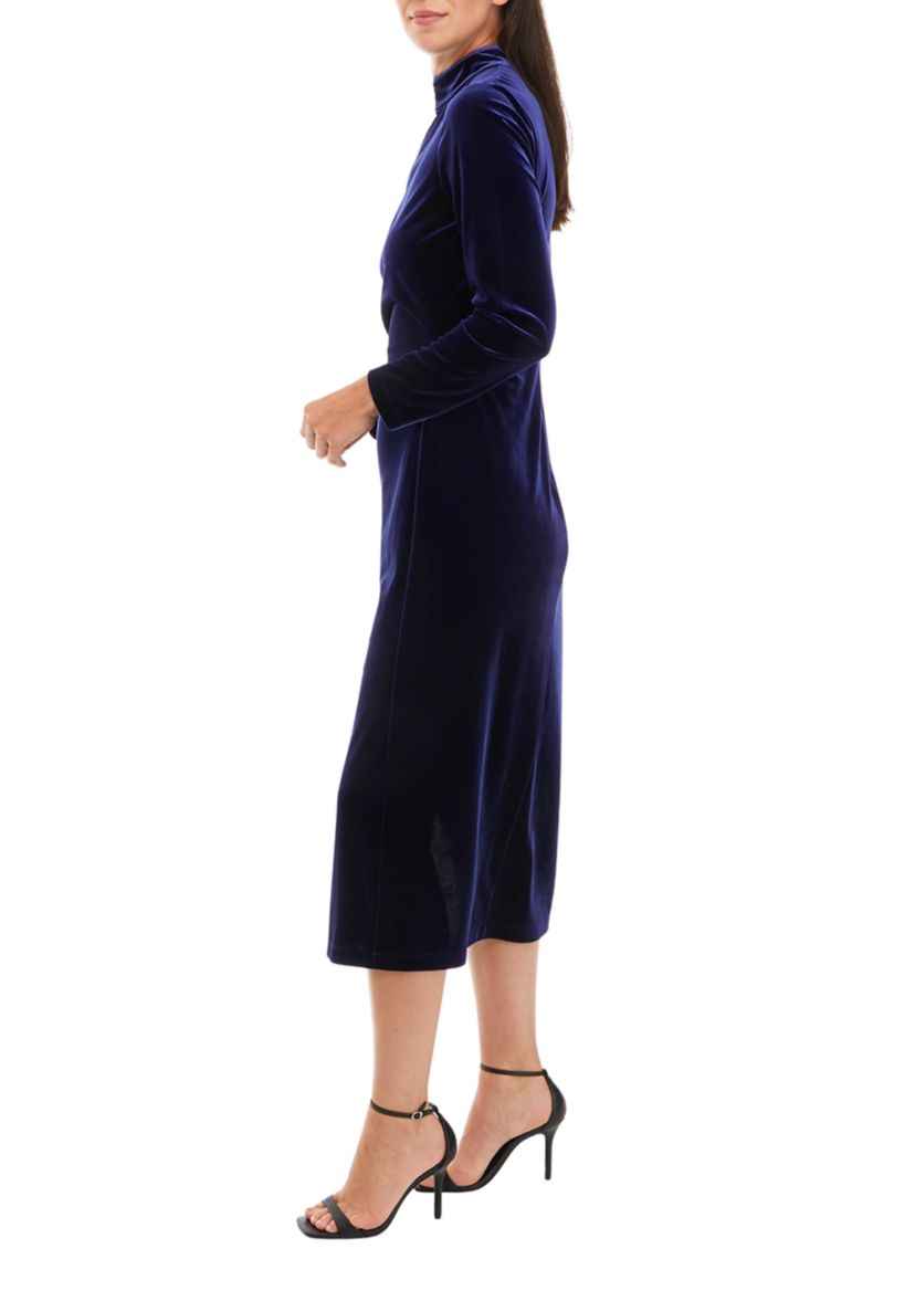 Womens Long Sleeve Solid Mock Neck Velvet Dress