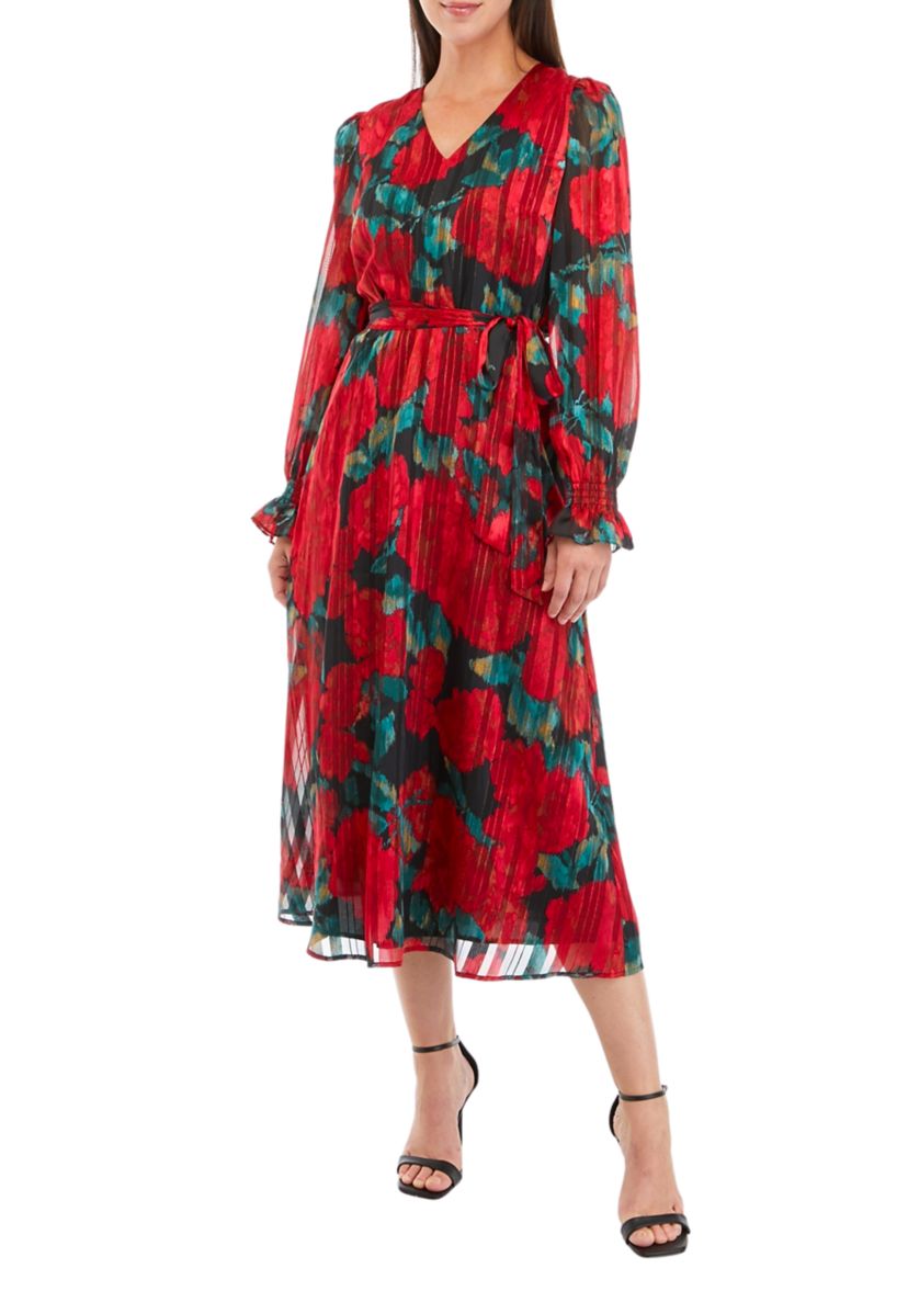 Womens Blouson Sleeve V-Neck Midi Dress