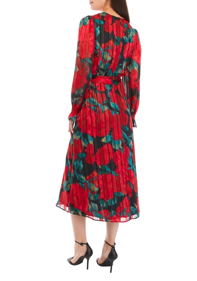 Womens Blouson Sleeve V-Neck Midi Dress