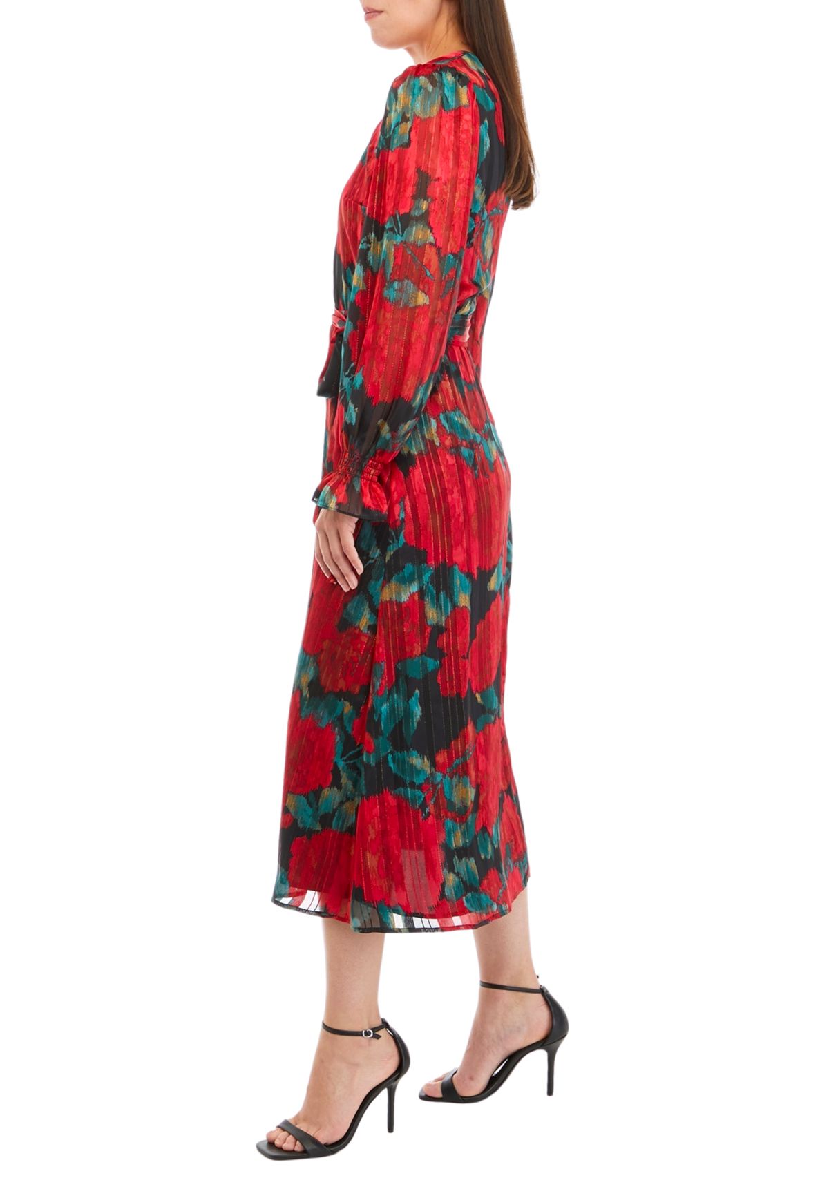 Womens Blouson Sleeve V-Neck Midi Dress