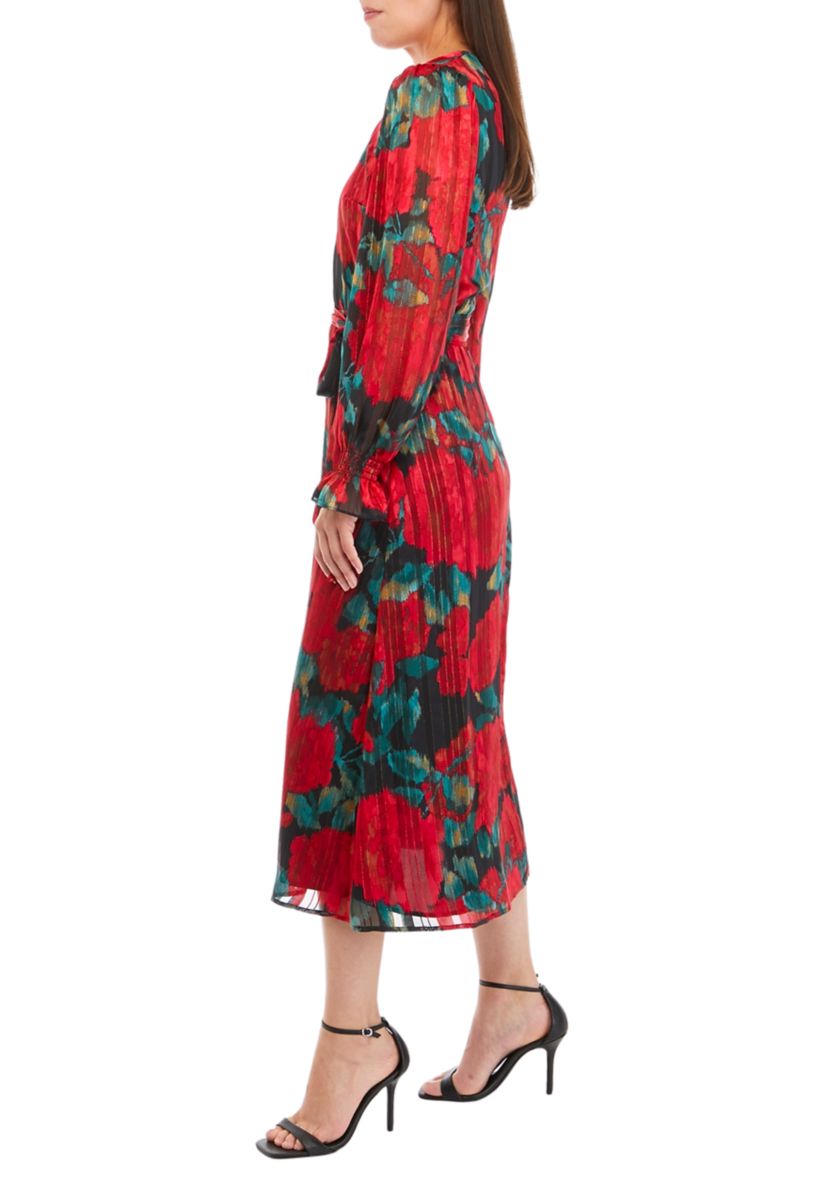 Womens Blouson Sleeve V-Neck Midi Dress