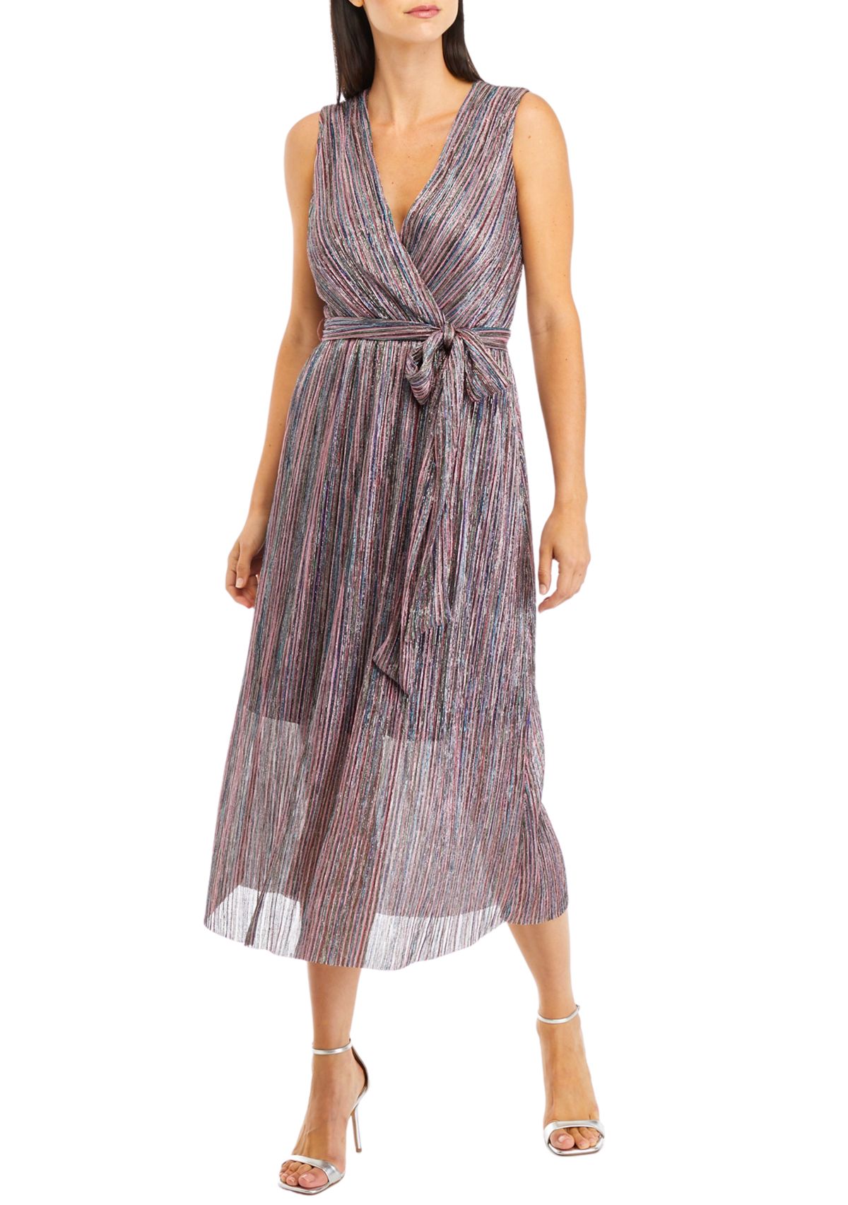 Womens Sleeveless Pleated Tie Waist Metallic Dress