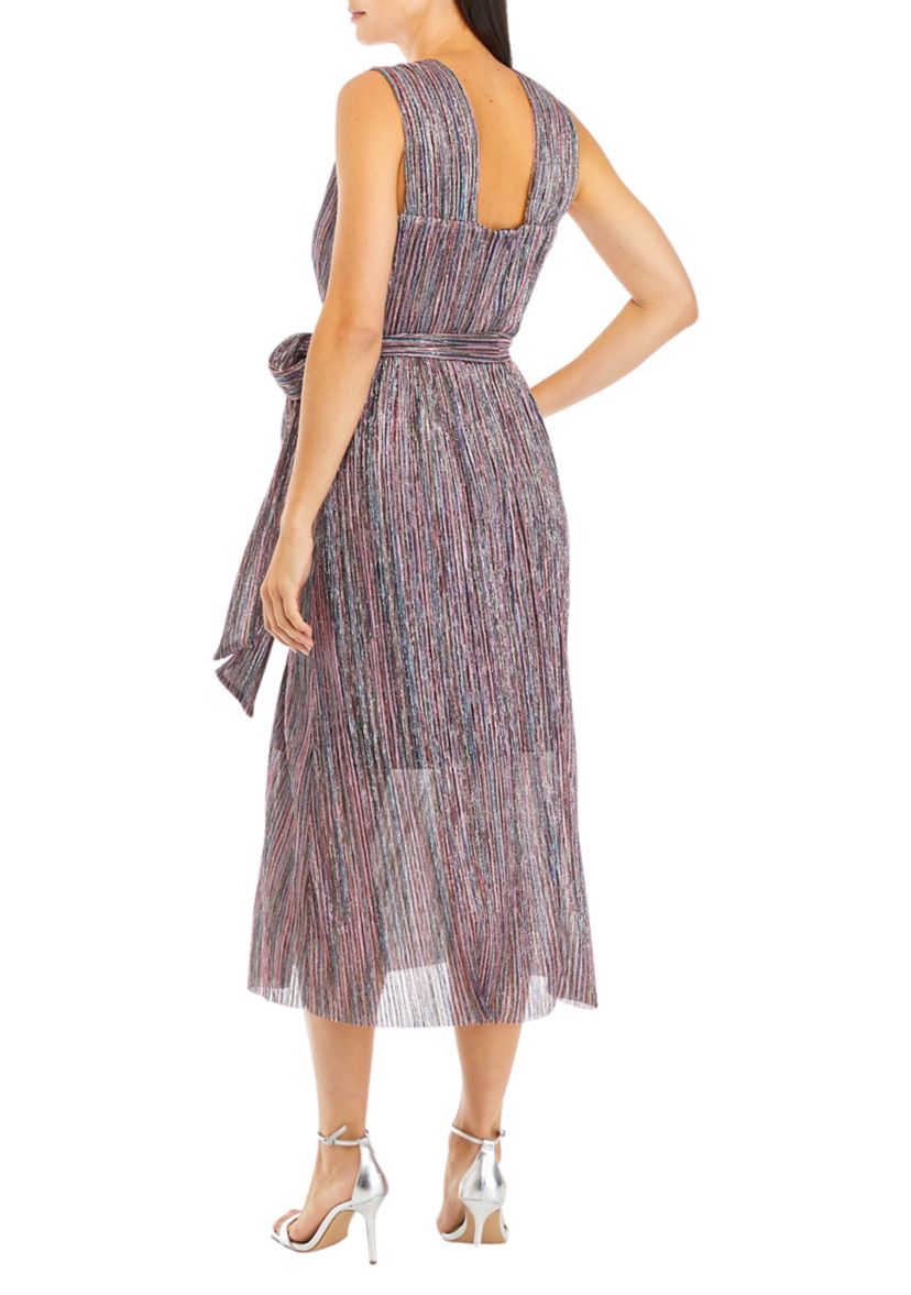 Womens Sleeveless Pleated Tie Waist Metallic Dress