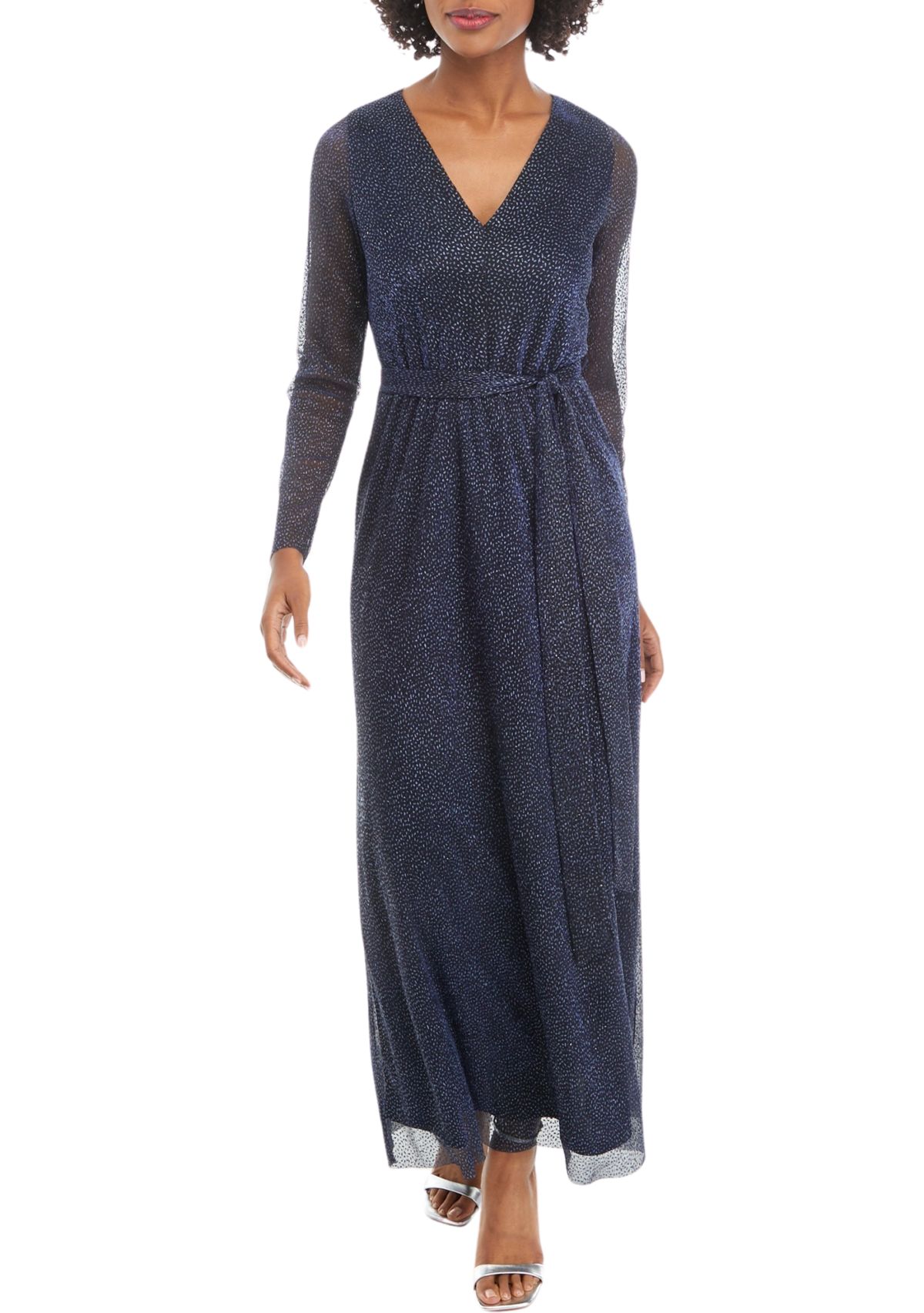 Womens Long Sleeve V-Neck Printed Tie Waist Midi Dress