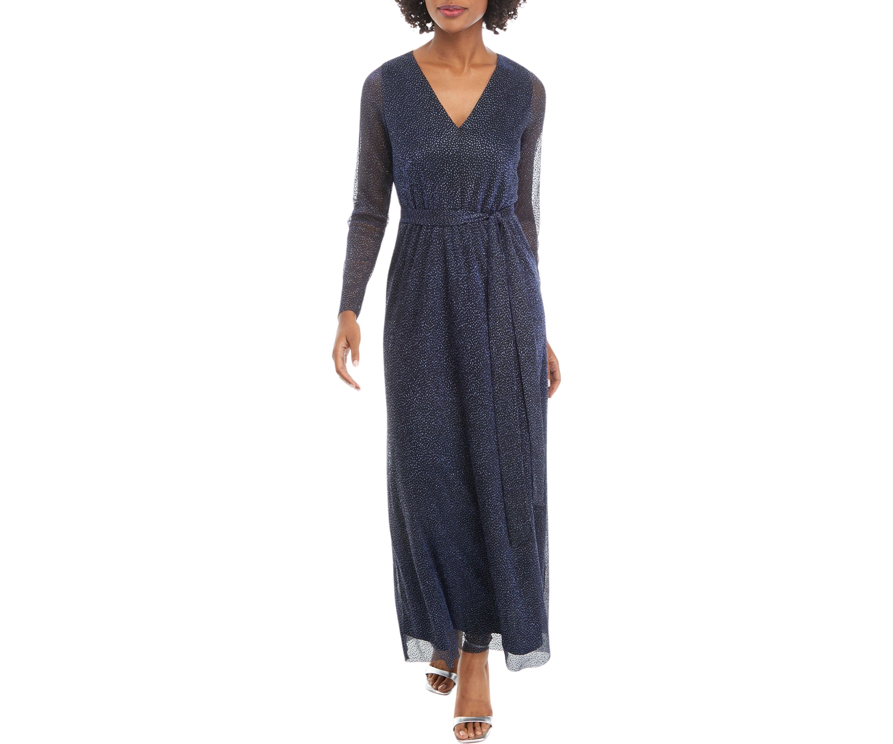 Womens Long Sleeve V-Neck Printed Tie Waist Midi Dress