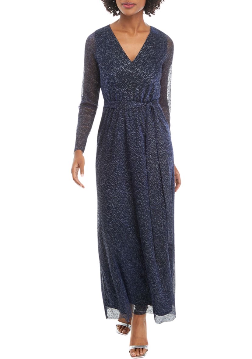 Womens Long Sleeve V-Neck Printed Tie Waist Midi Dress