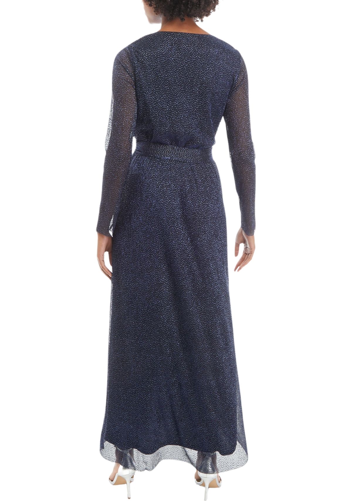 Womens Long Sleeve V-Neck Printed Tie Waist Midi Dress