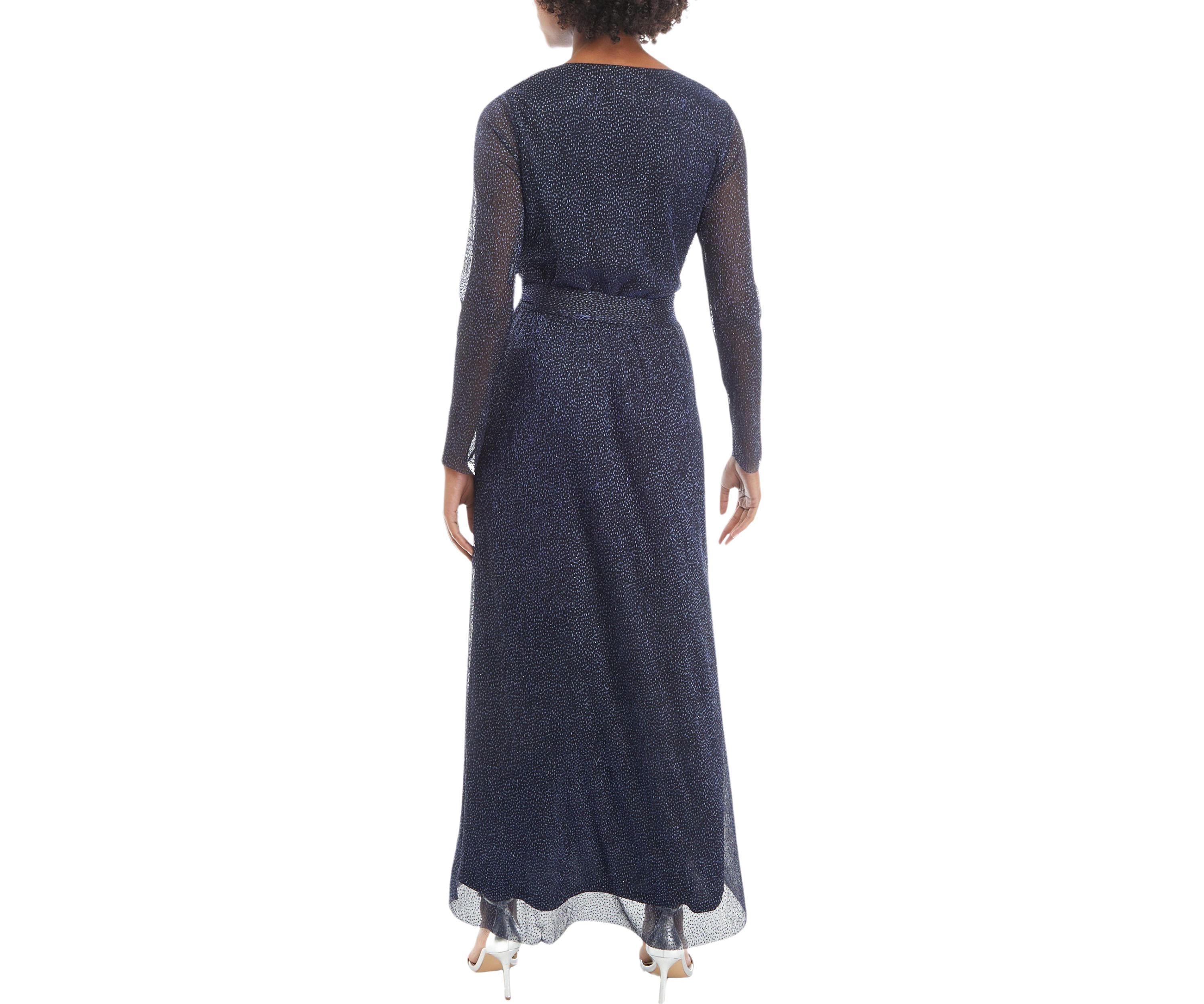 Womens Long Sleeve V-Neck Printed Tie Waist Midi Dress