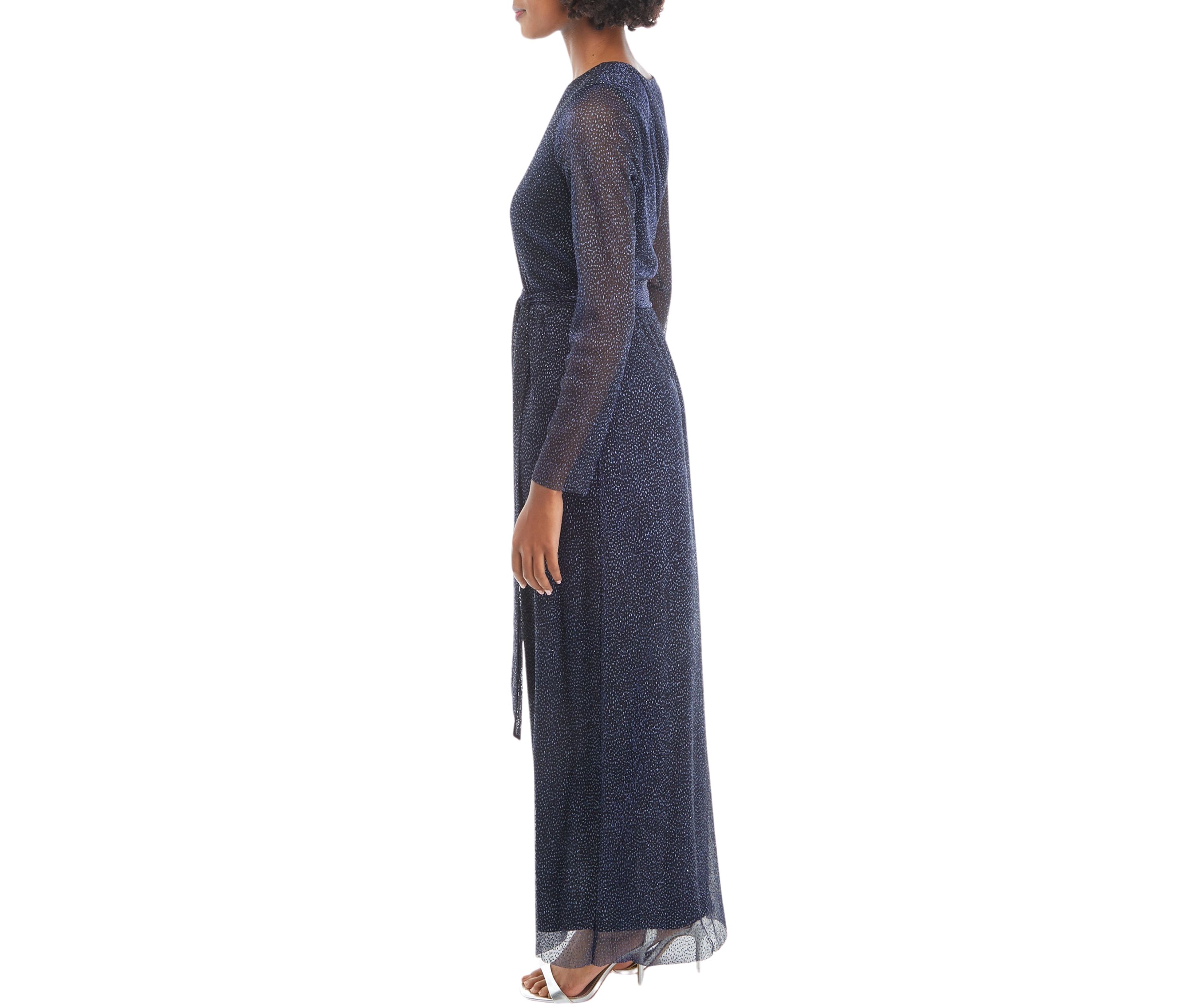 Womens Long Sleeve V-Neck Printed Tie Waist Midi Dress