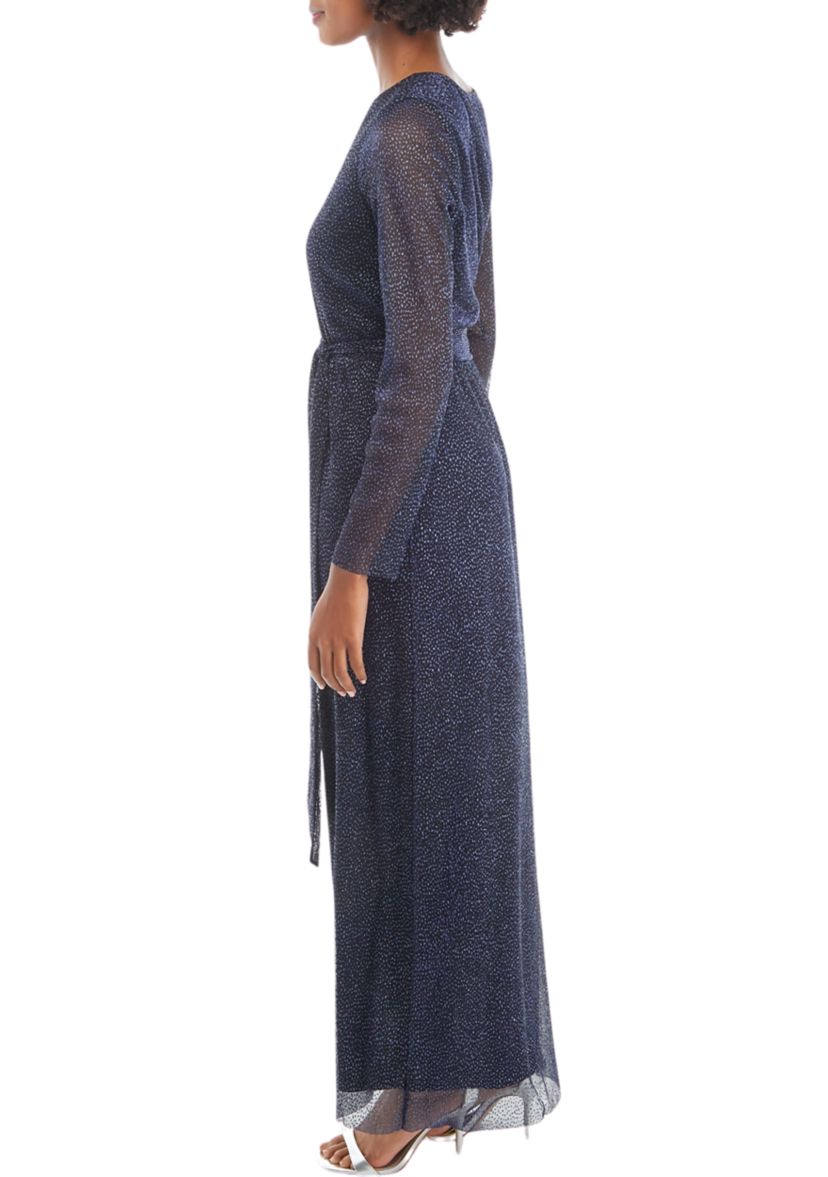 Womens Long Sleeve V-Neck Printed Tie Waist Midi Dress