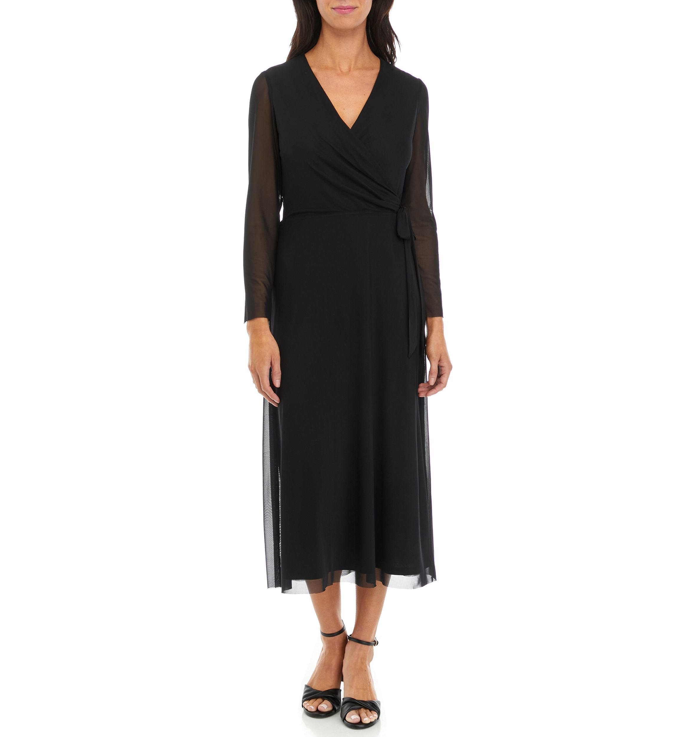 Womens Long Sleeve V-Neck Solid Fit and Flare Midi Dress