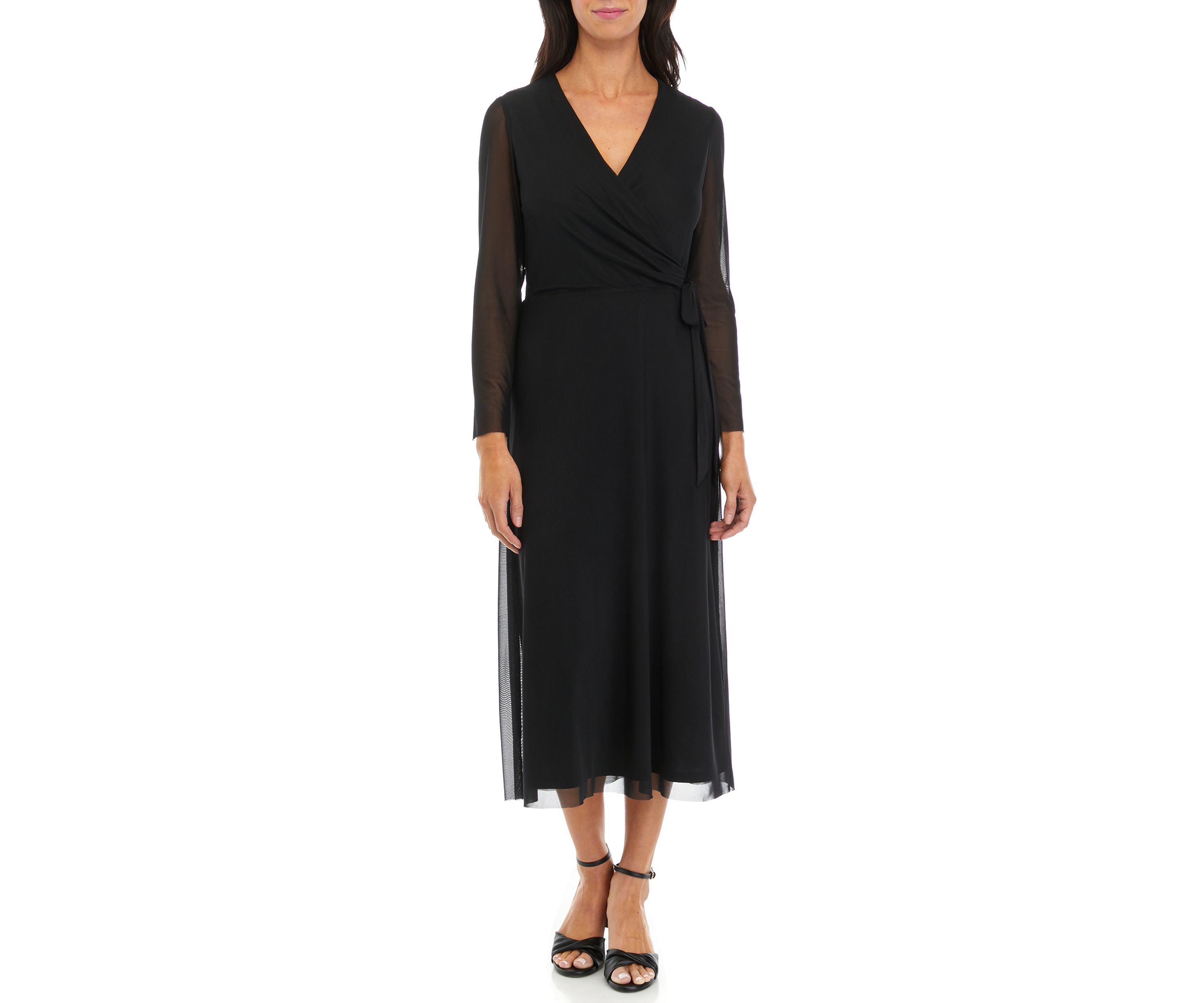 Womens Long Sleeve V-Neck Solid Fit and Flare Midi Dress