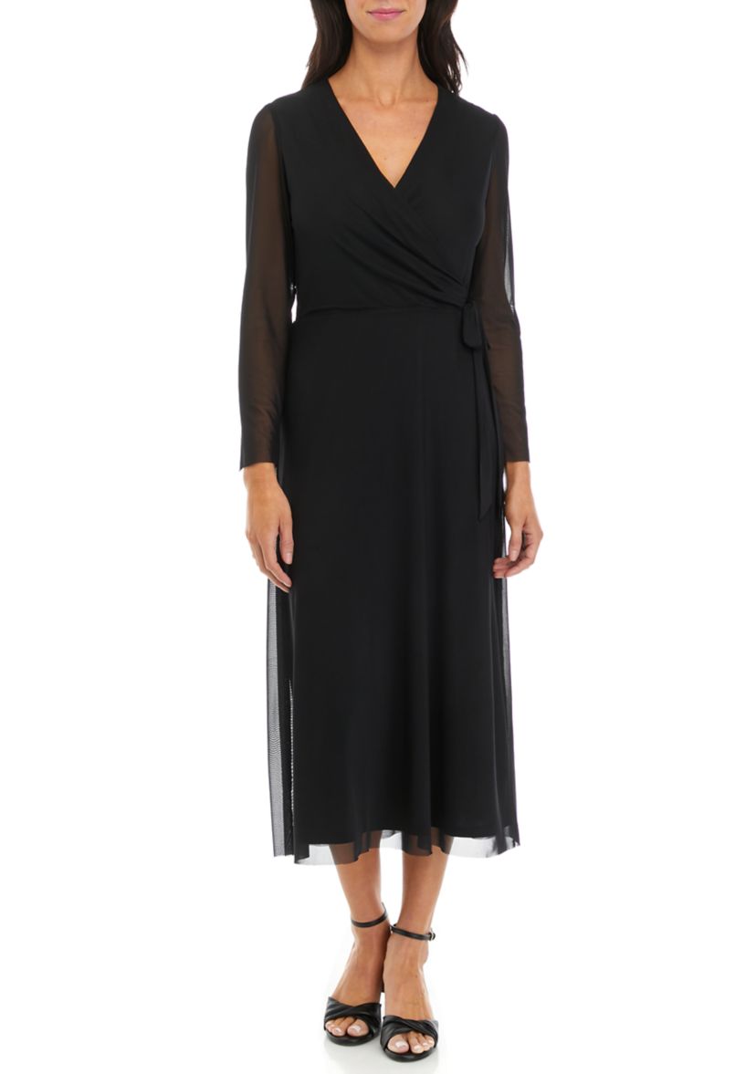 Womens Long Sleeve V-Neck Solid Fit and Flare Midi Dress