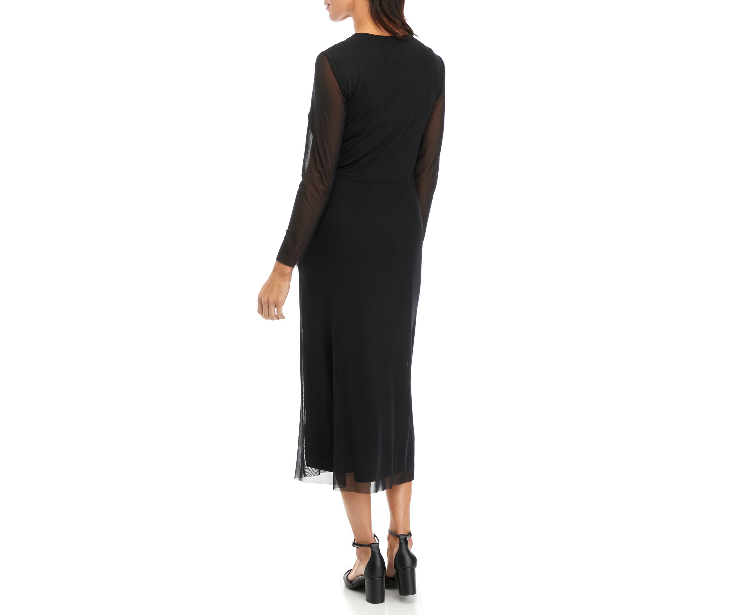 Womens Long Sleeve V-Neck Solid Fit and Flare Midi Dress