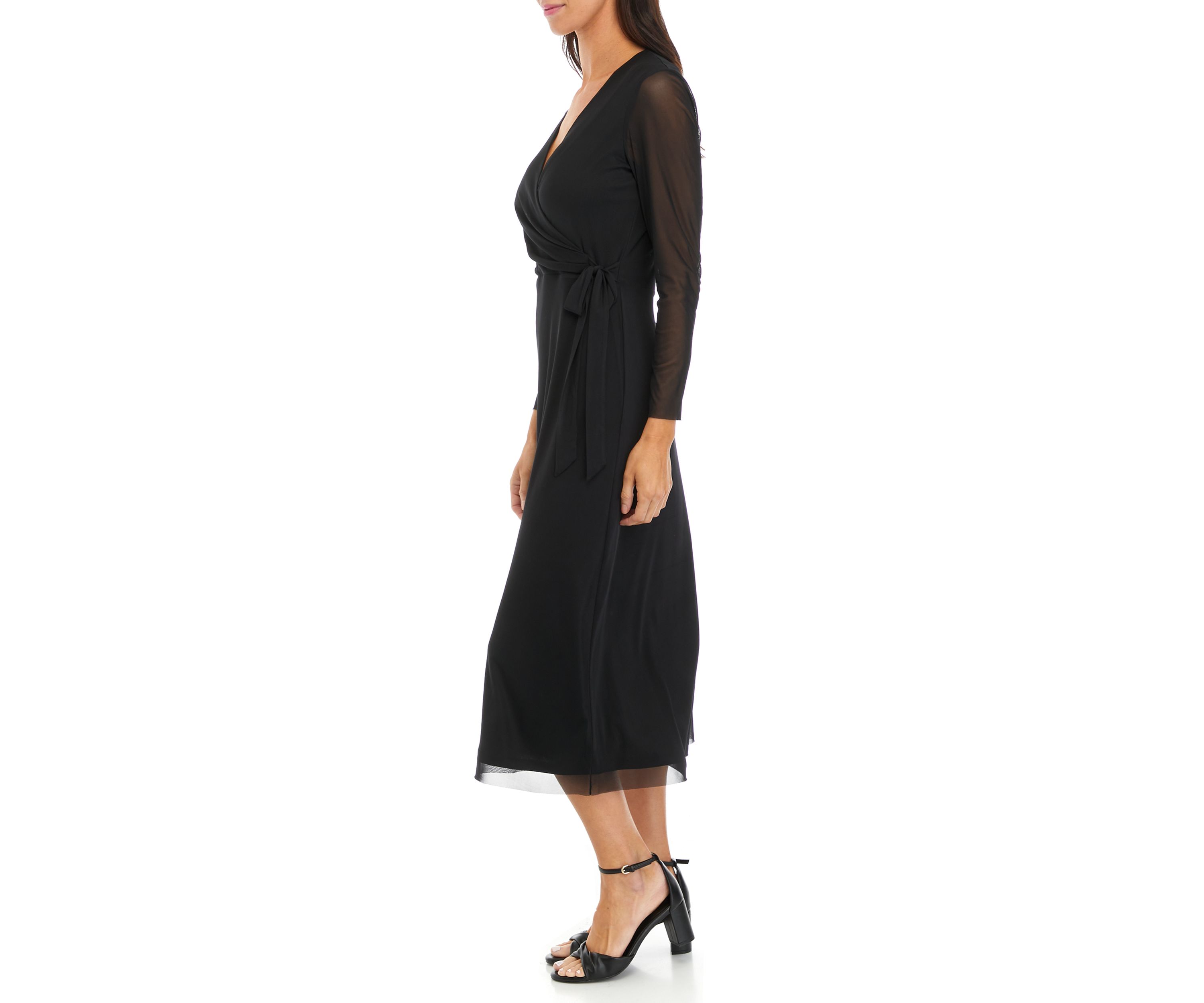 Womens Long Sleeve V-Neck Solid Fit and Flare Midi Dress