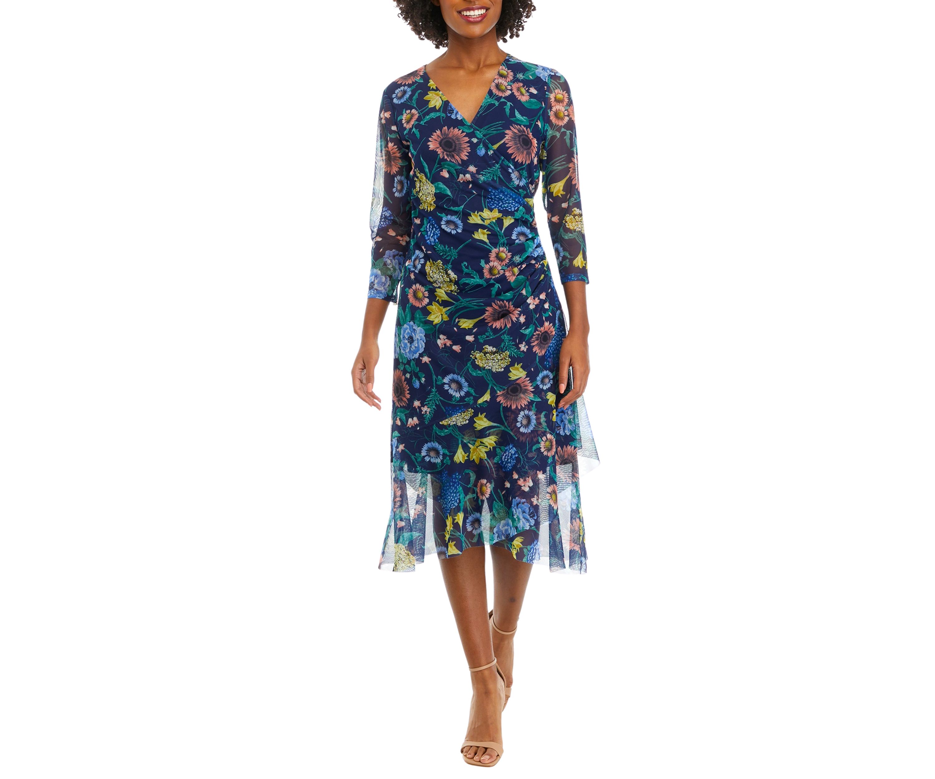 Womens 3/4 Sleeve Midi Dress with Cascading Ruffle