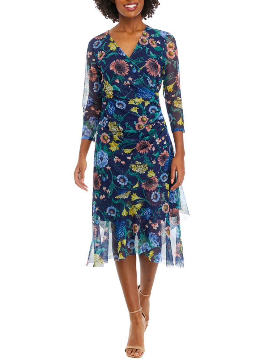 Womens 3/4 Sleeve Midi Dress with Cascading Ruffle