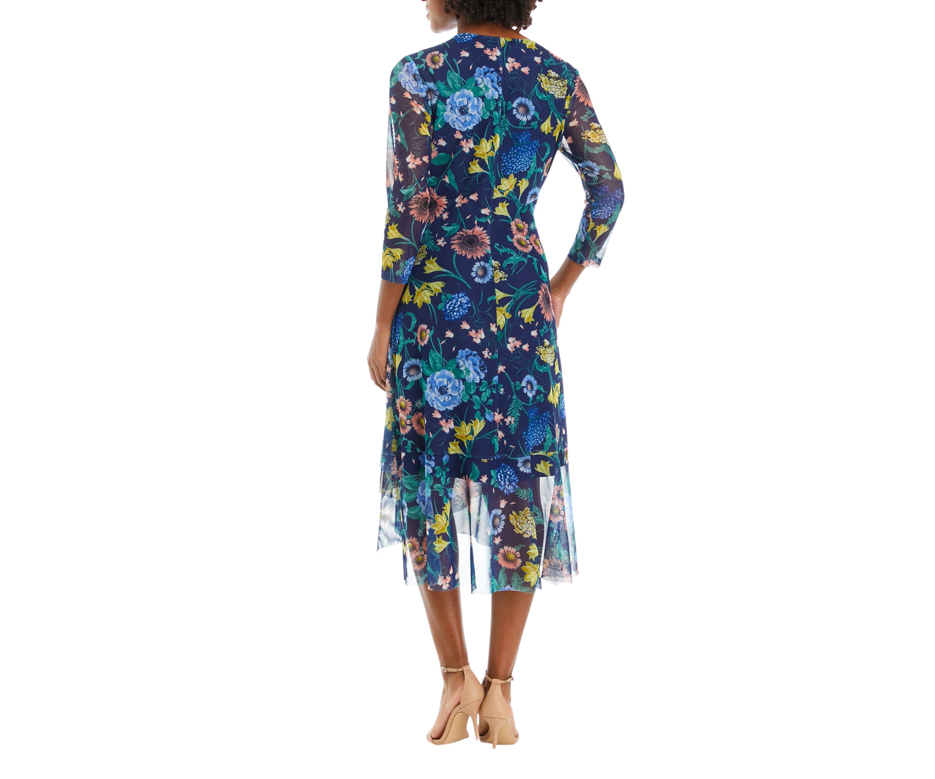 Womens 3/4 Sleeve Midi Dress with Cascading Ruffle