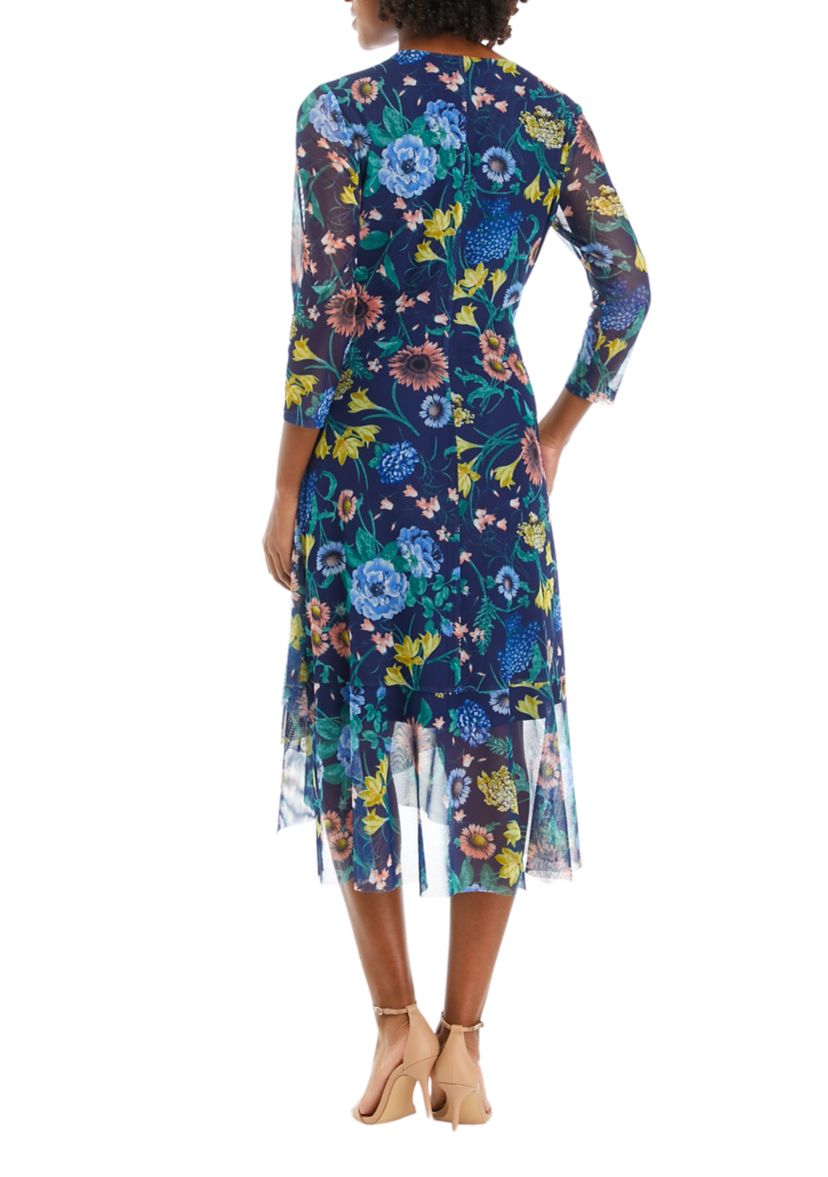 Womens 3/4 Sleeve Midi Dress with Cascading Ruffle
