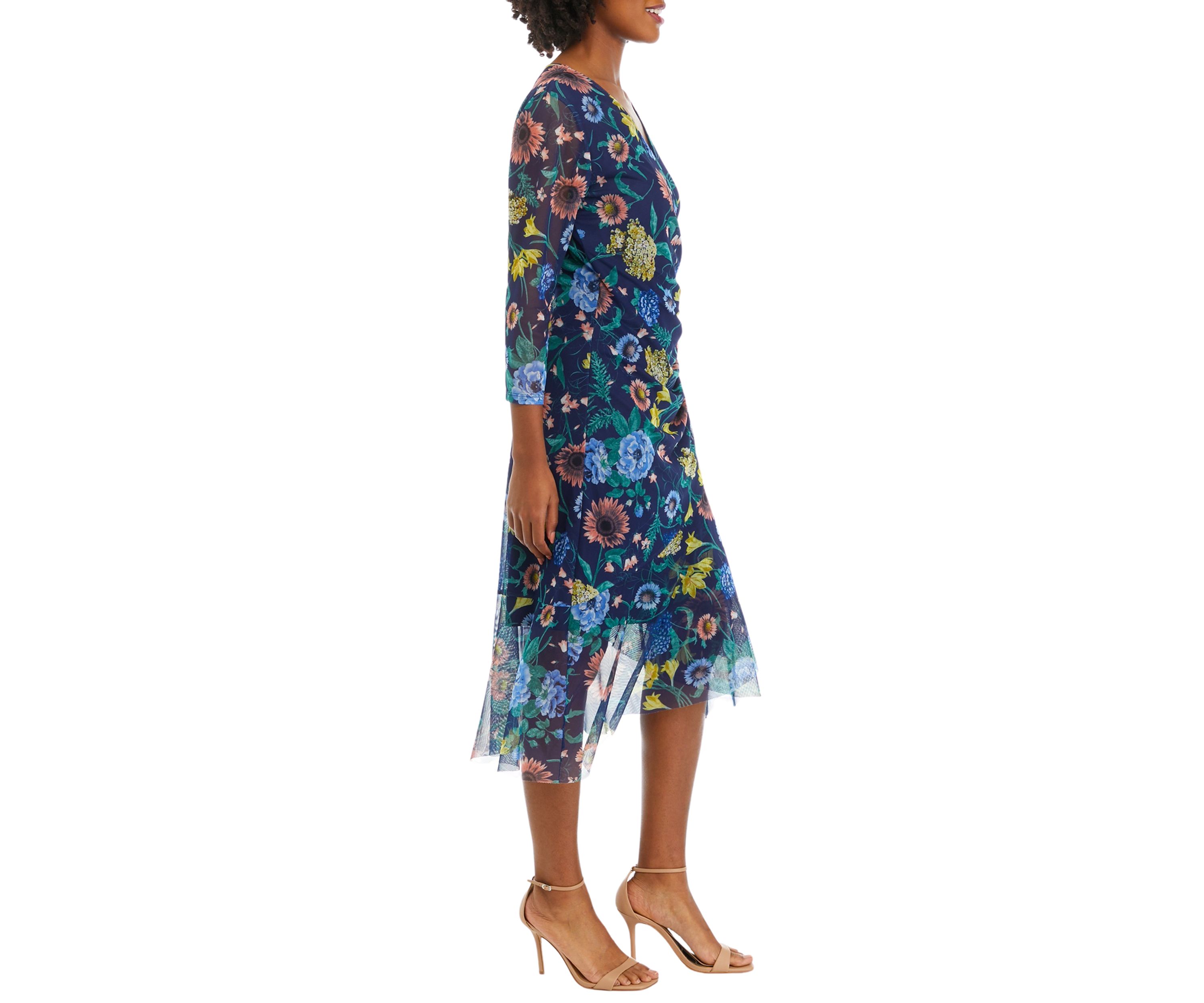 Womens 3/4 Sleeve Midi Dress with Cascading Ruffle