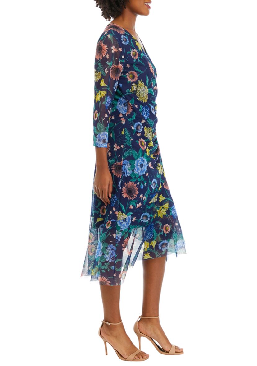Womens 3/4 Sleeve Midi Dress with Cascading Ruffle