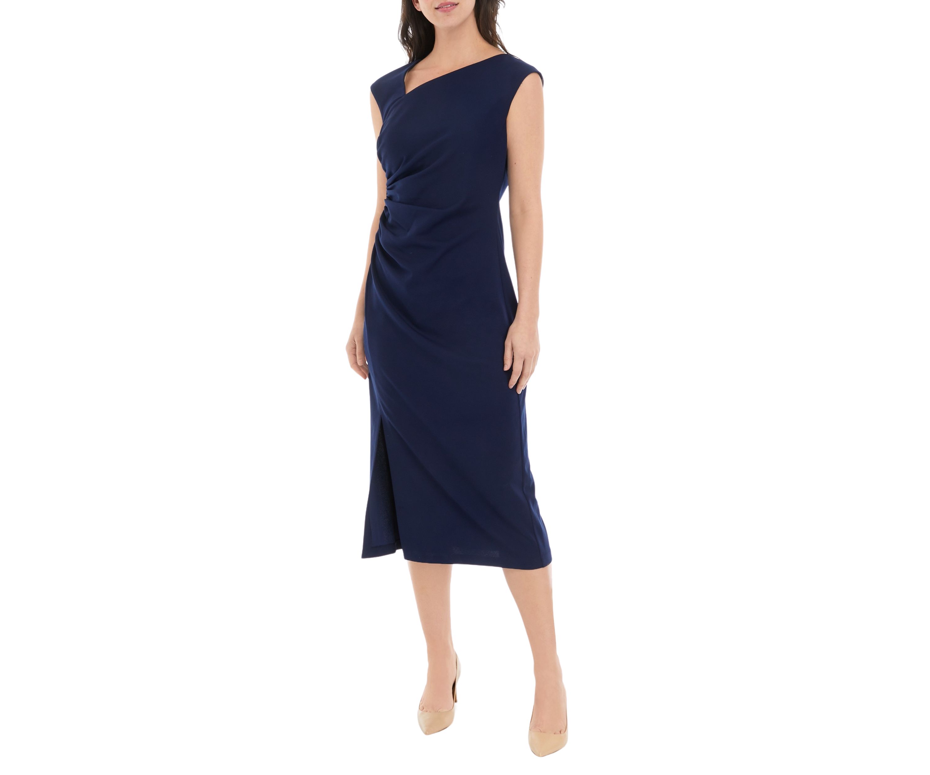Womens Asymmetrical Neck Ruched Midi Dress