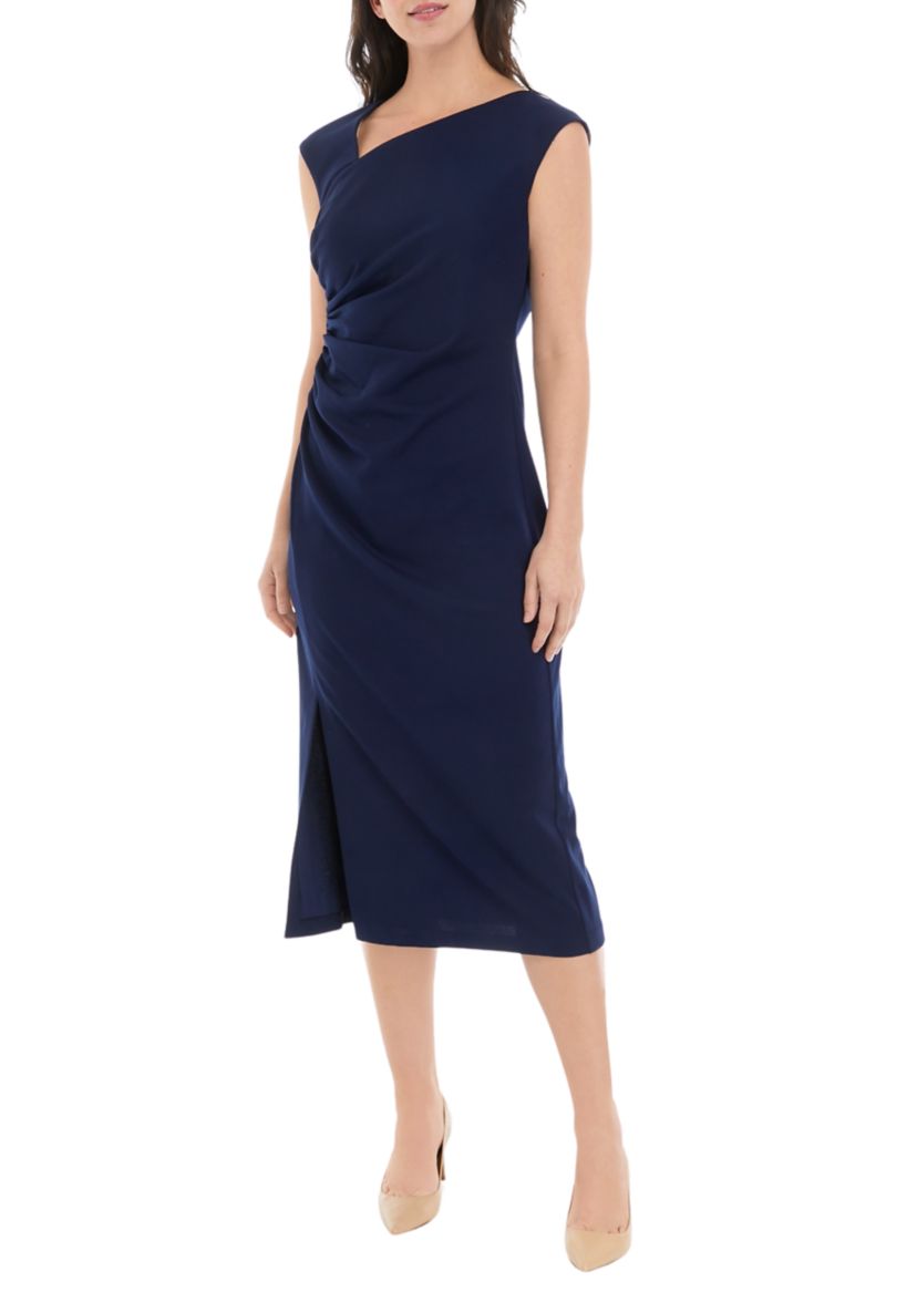 Womens Asymmetrical Neck Ruched Midi Dress