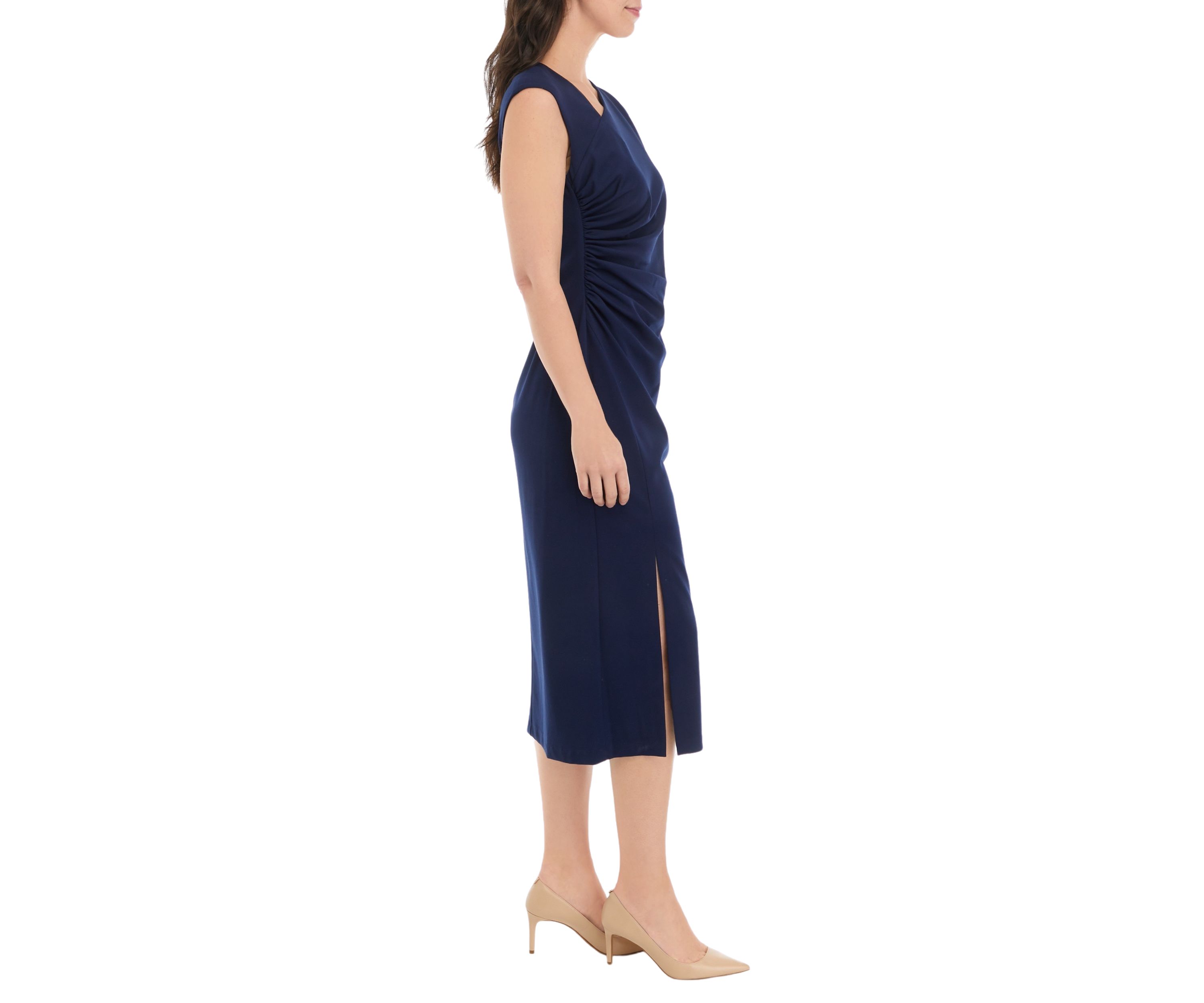 Womens Asymmetrical Neck Ruched Midi Dress