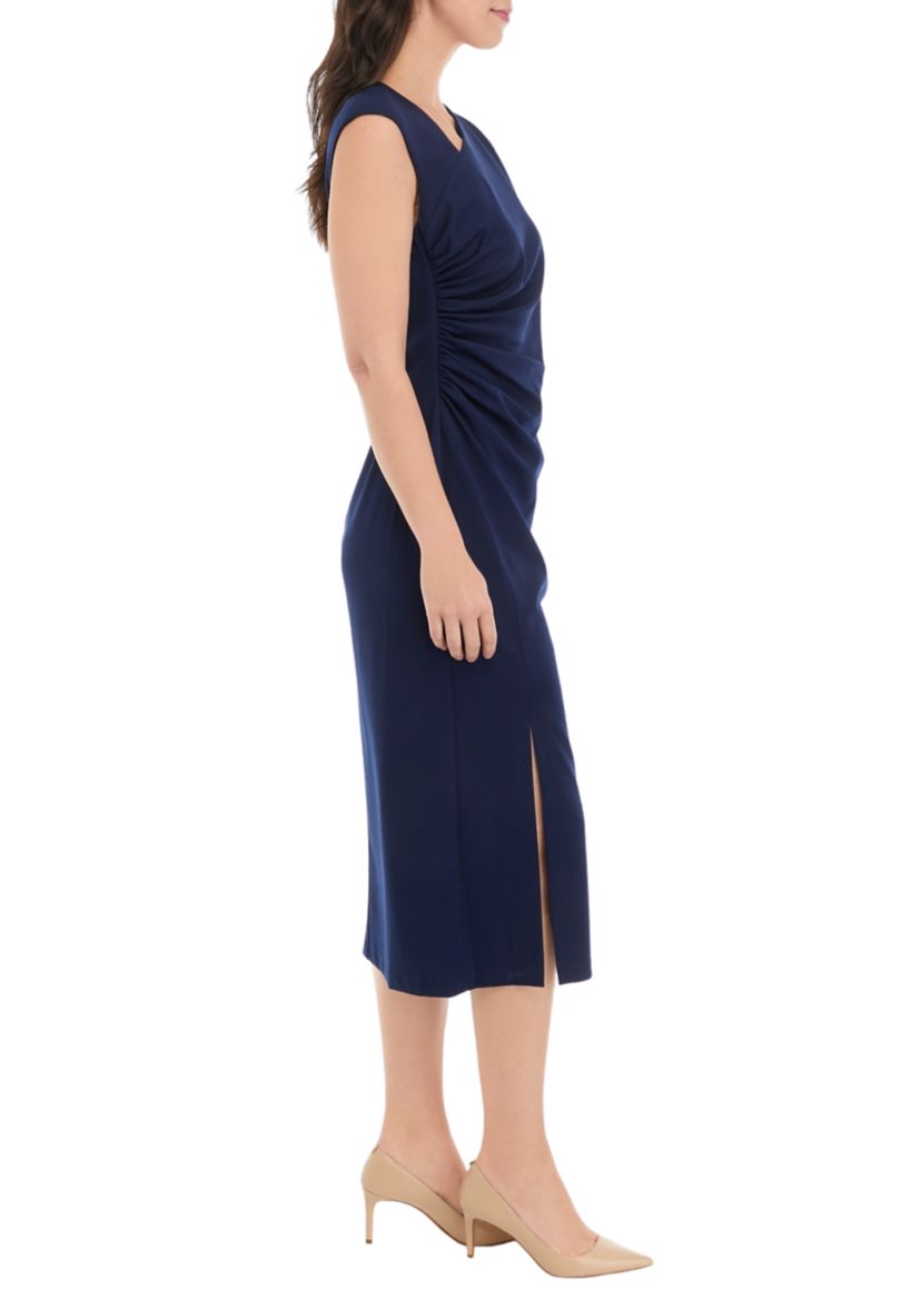 Womens Asymmetrical Neck Ruched Midi Dress