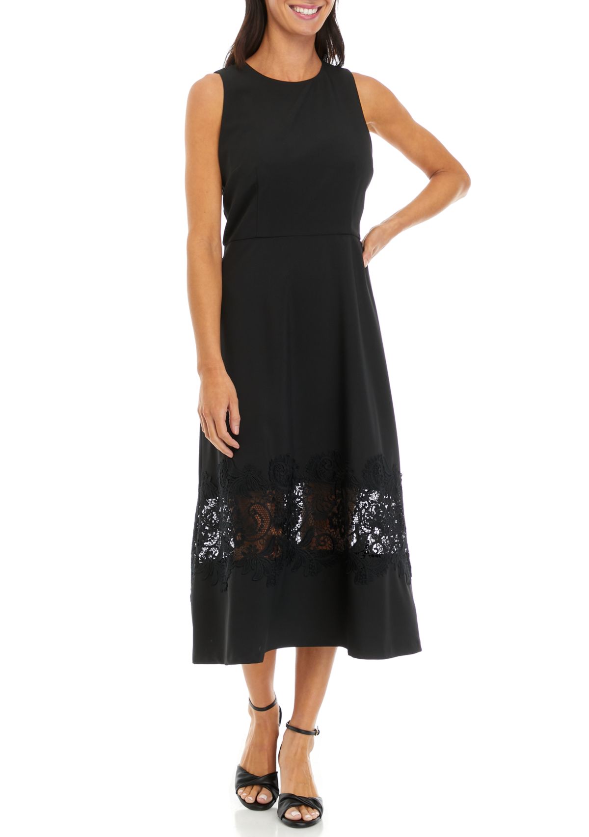 Womens Sleeveless Solid Fit and Flare Dress with Lace Detail