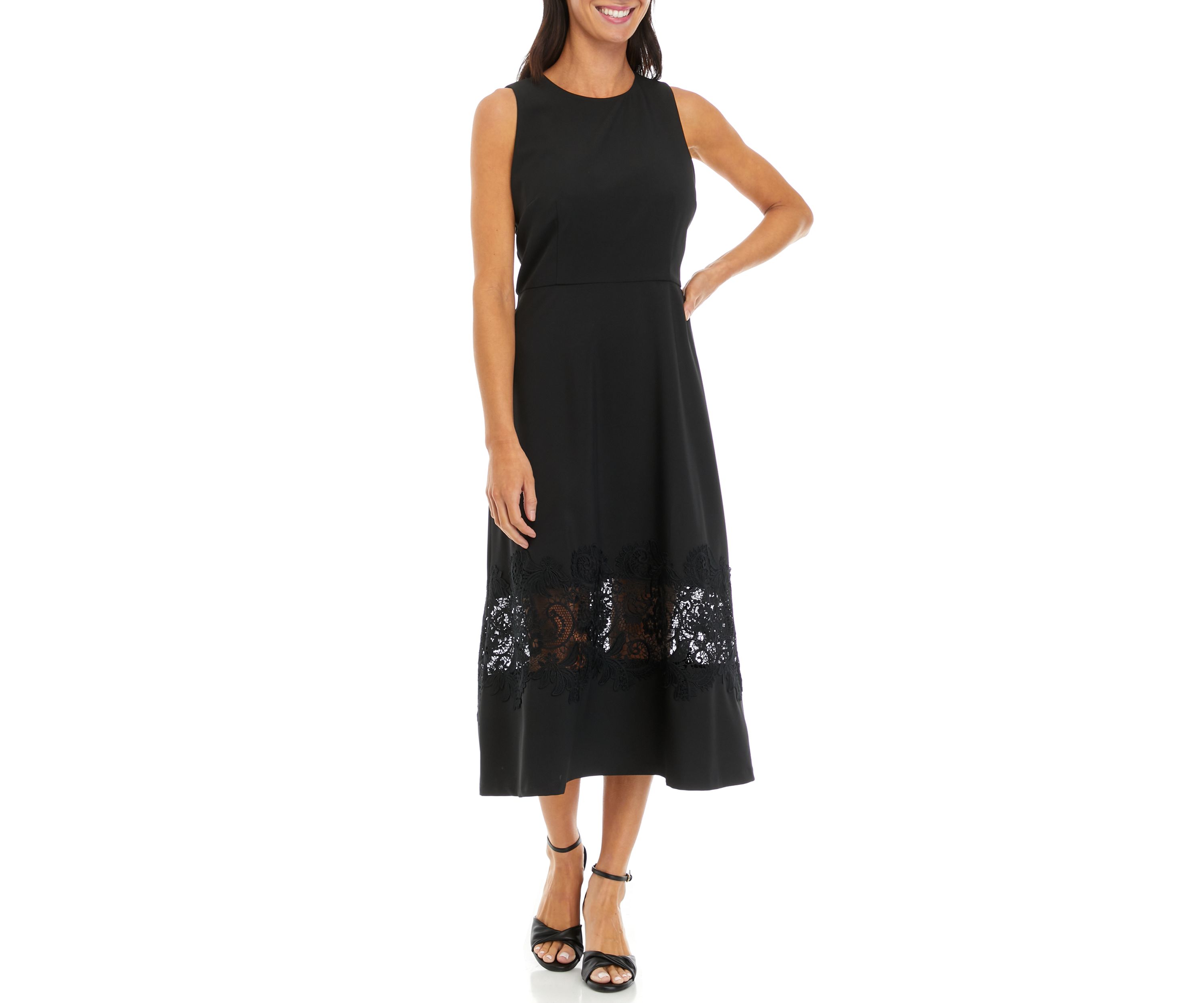 Womens Sleeveless Solid Fit and Flare Dress with Lace Detail