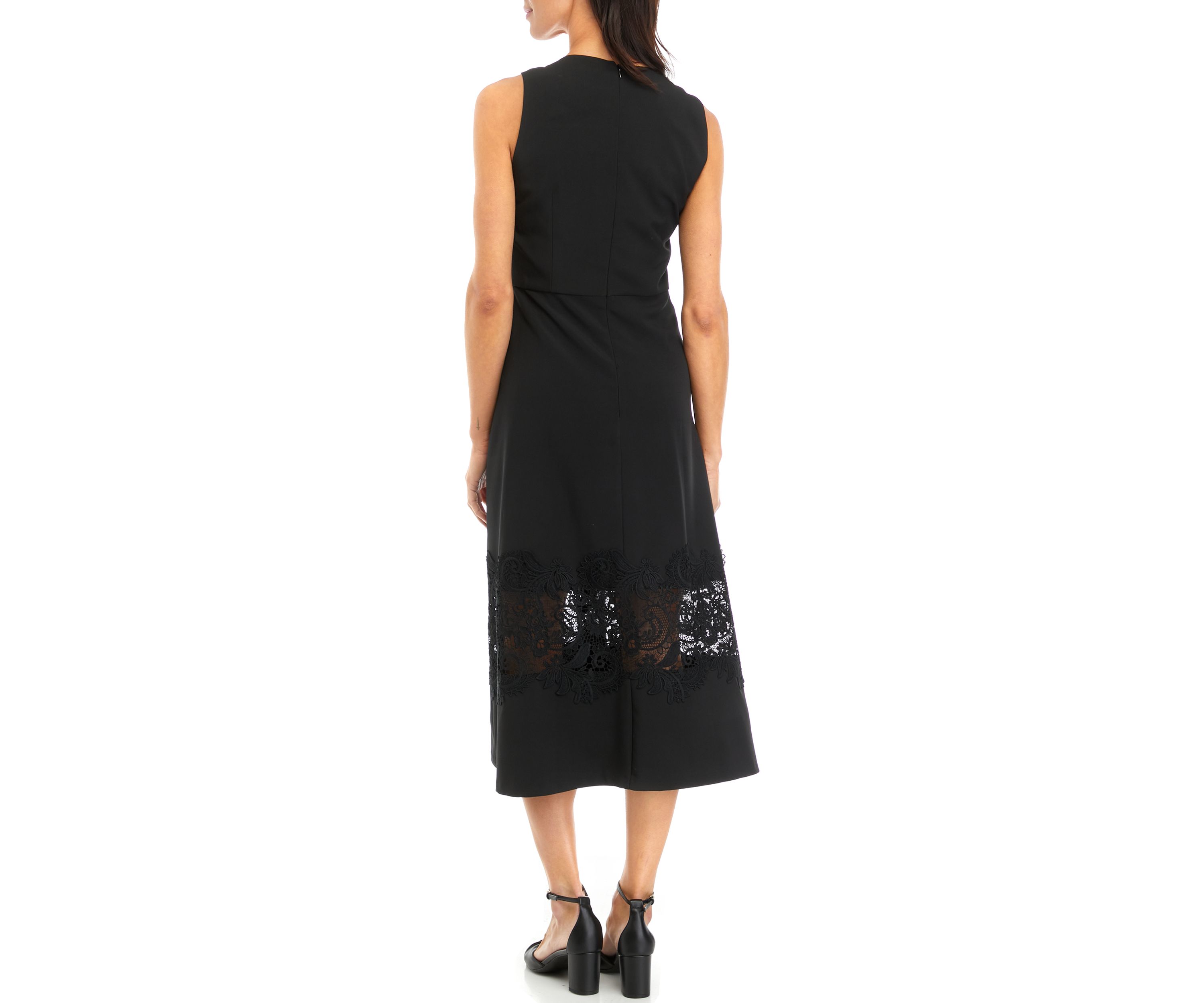 Womens Sleeveless Solid Fit and Flare Dress with Lace Detail