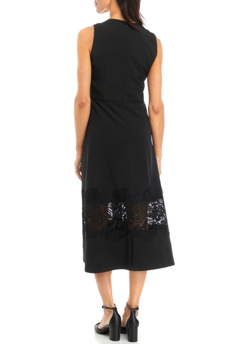 Womens Sleeveless Solid Fit and Flare Dress with Lace Detail