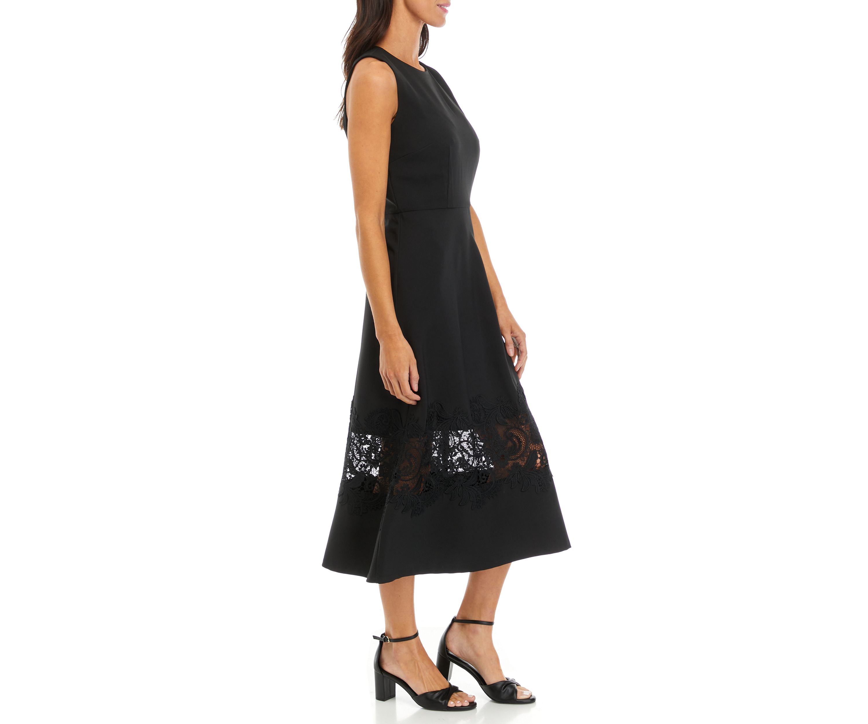 Womens Sleeveless Solid Fit and Flare Dress with Lace Detail
