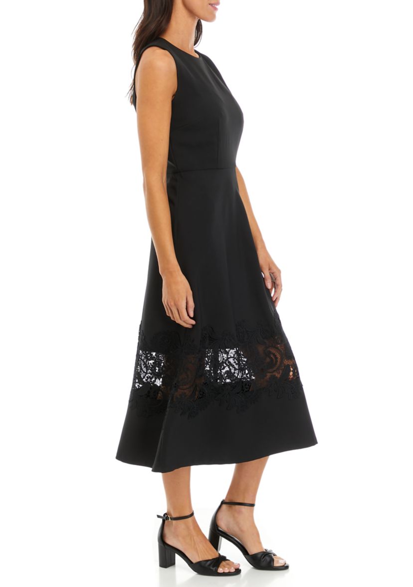 Womens Sleeveless Solid Fit and Flare Dress with Lace Detail