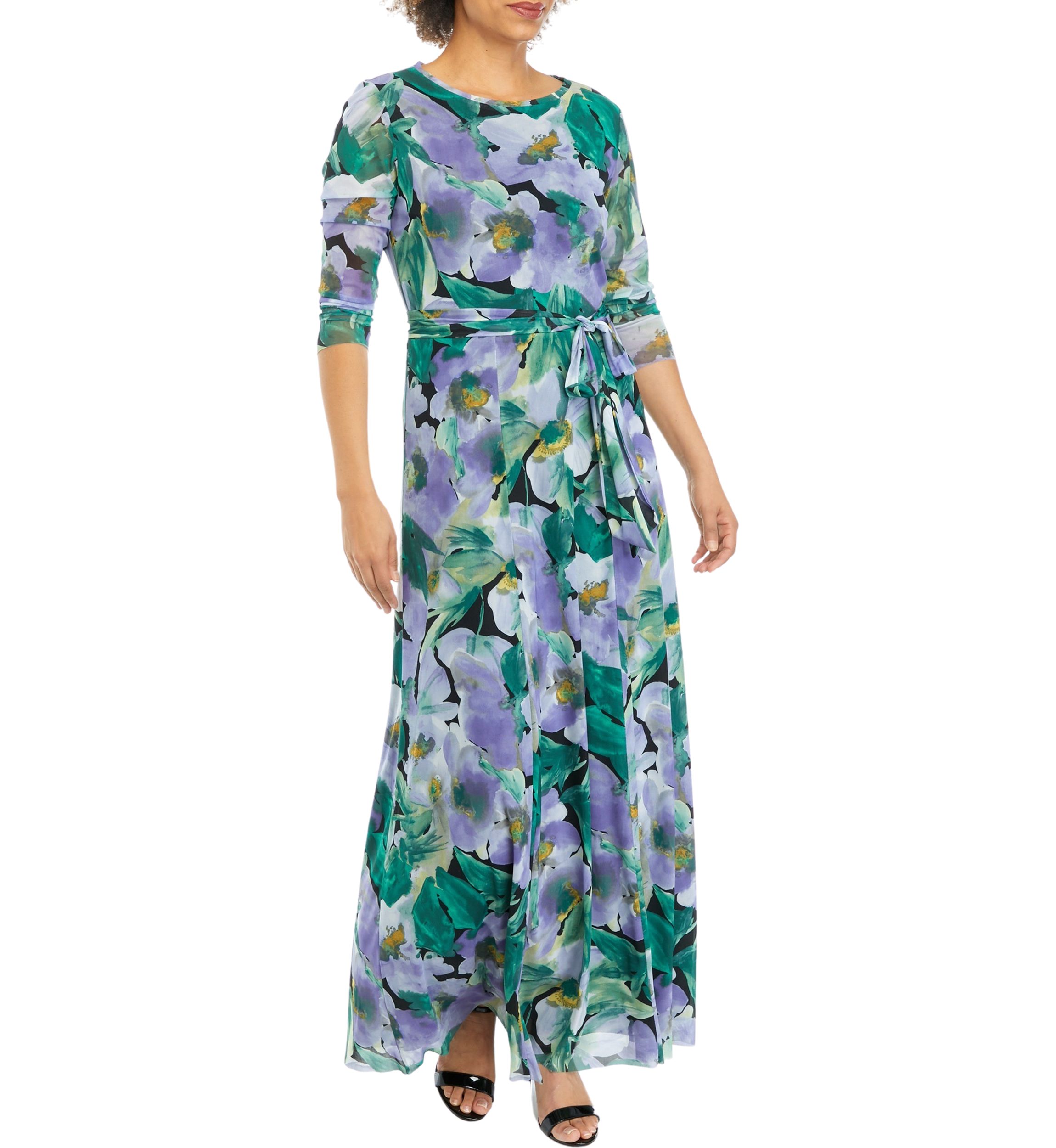 Womens 3/4 Sleeve Floral Print Mesh Maxi Dress