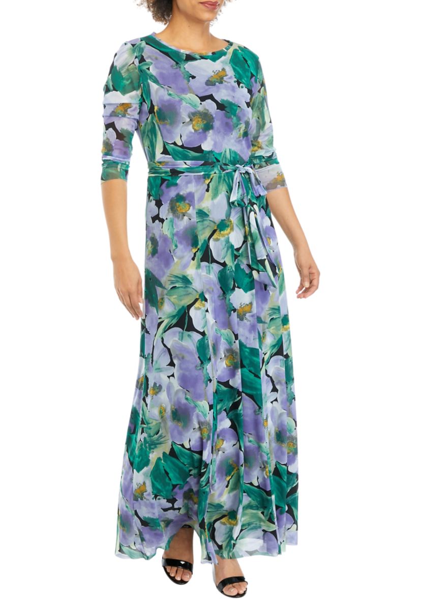 Womens 3/4 Sleeve Floral Print Mesh Maxi Dress