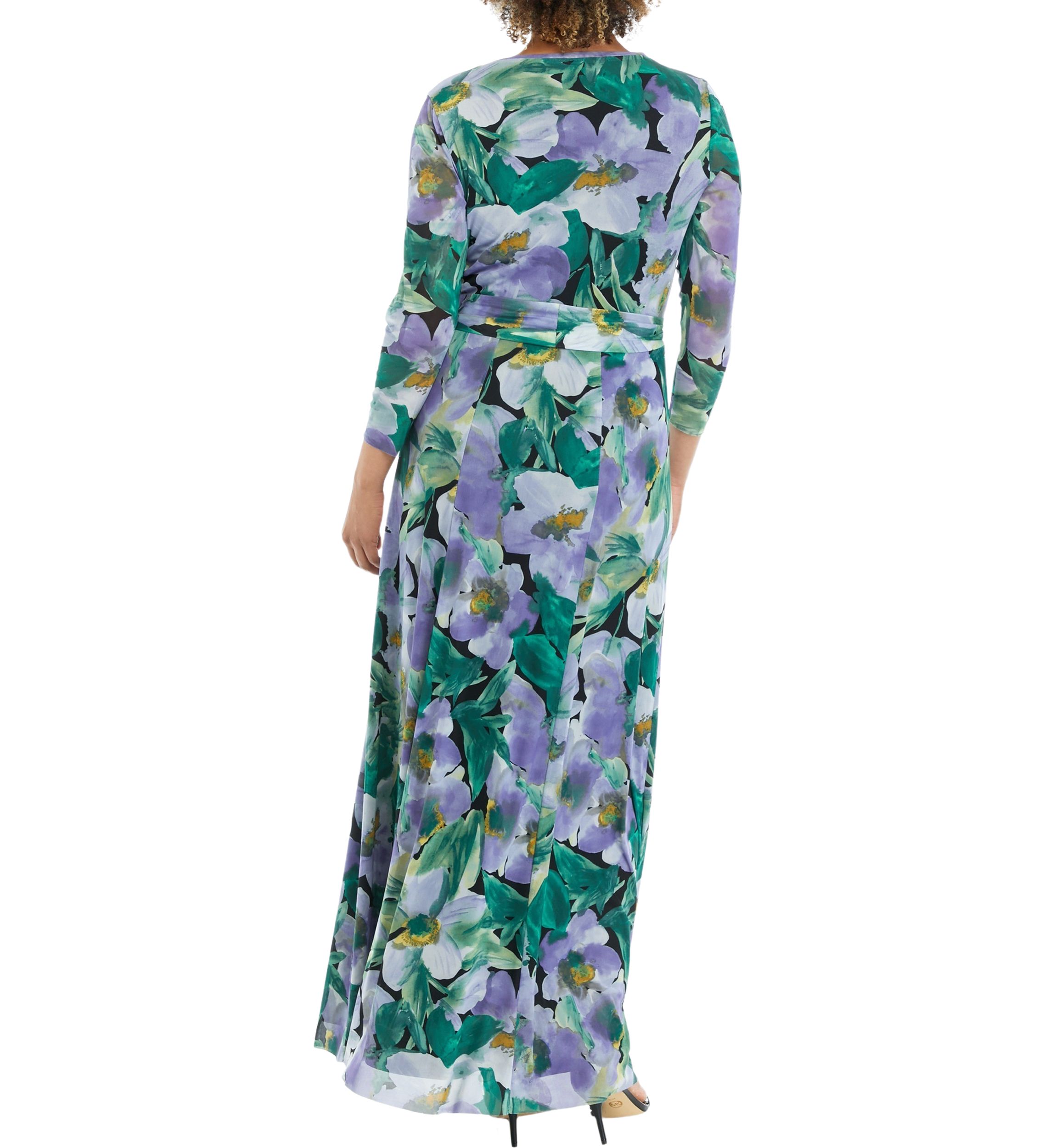 Womens 3/4 Sleeve Floral Print Mesh Maxi Dress